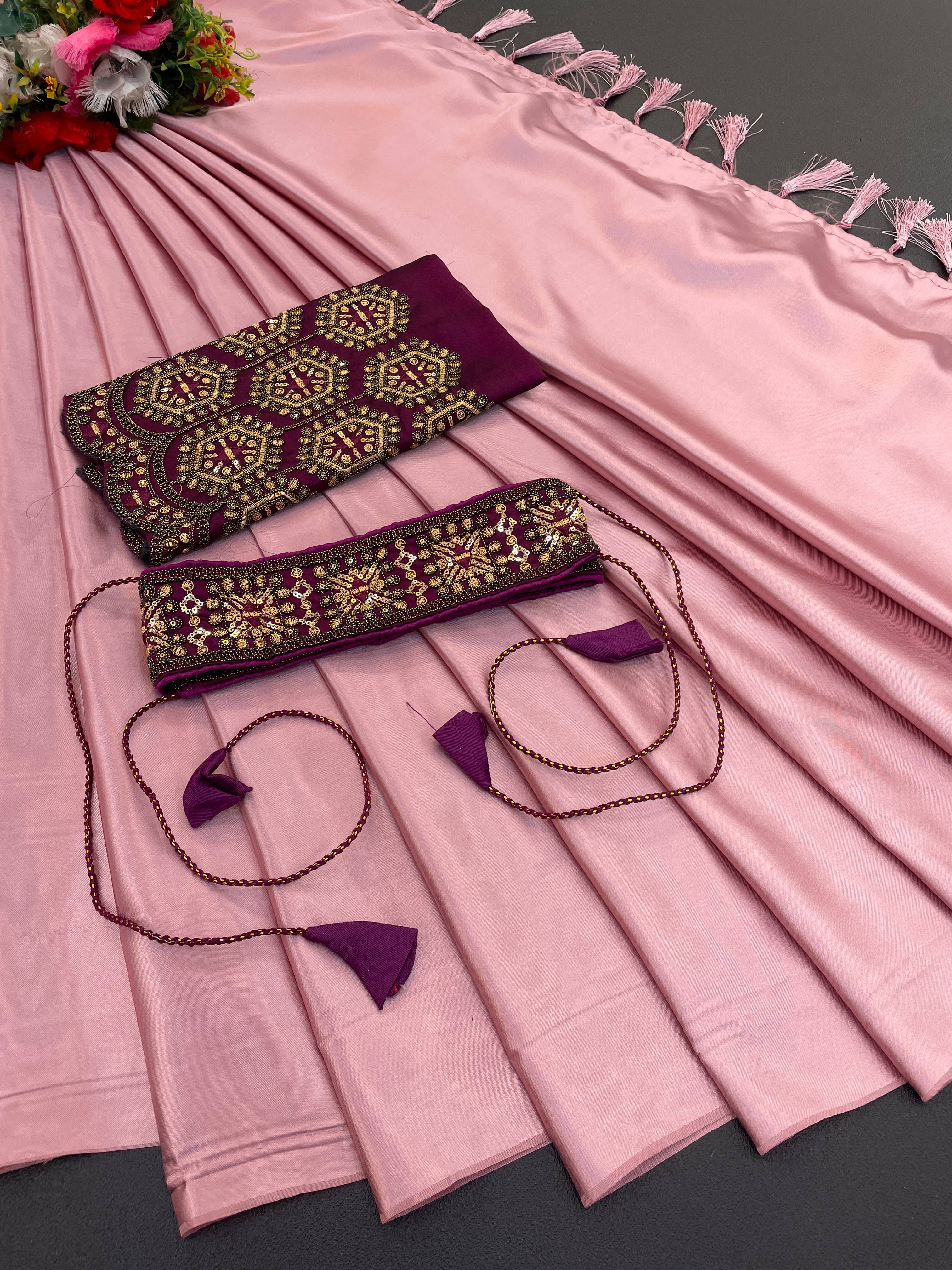 THE STYLE CLUB Satin Embroidered Regular Saree With Unstitched Blouse Piece ( Lavender ) THE STYLE CLUB Satin Embroidered Regular Saree With Unstitched Blouse Piece ( Lavender )