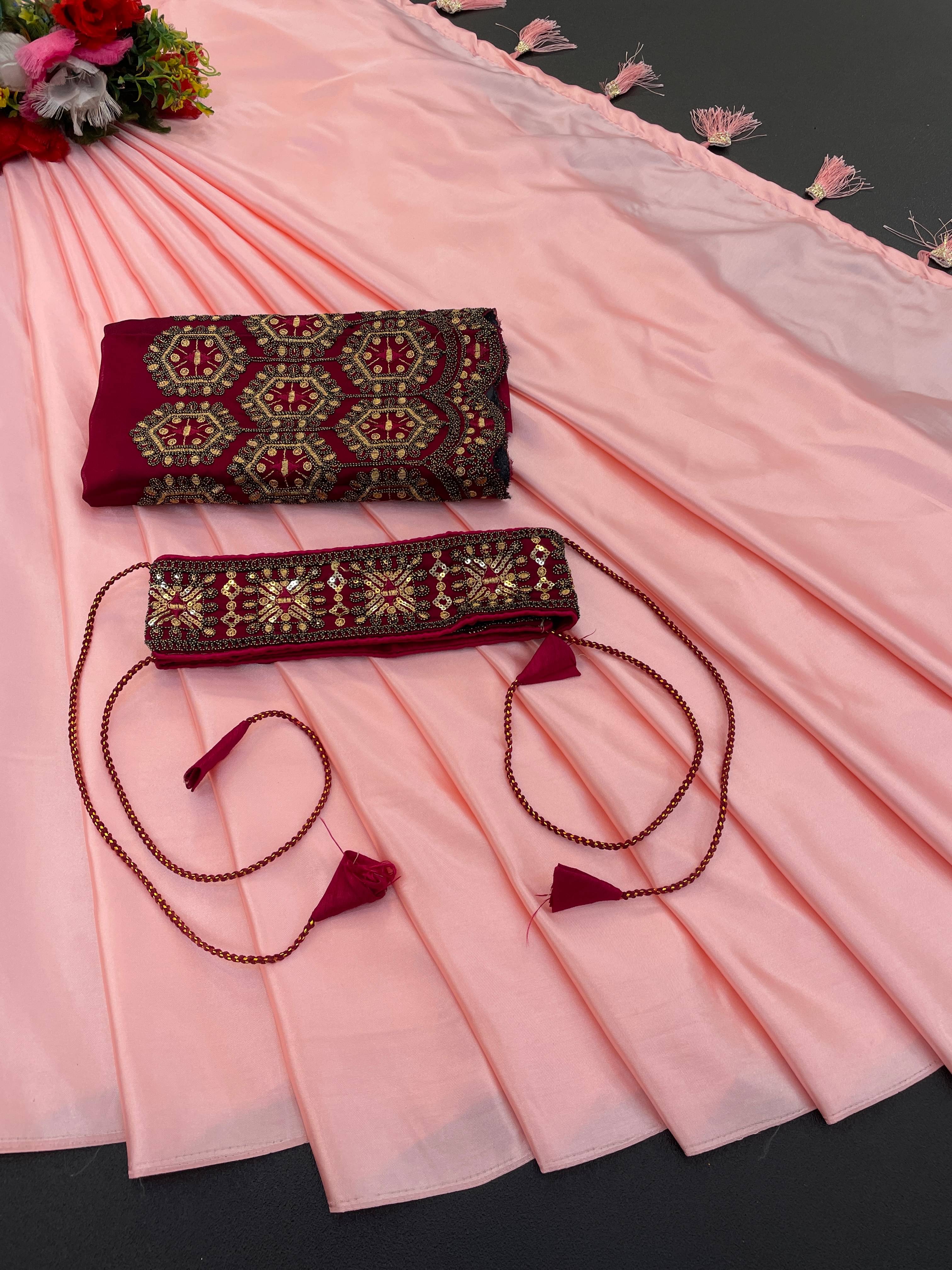     			THE STYLE CLUB Satin Embroidered Regular Saree With Unstitched Blouse Piece ( Pink )