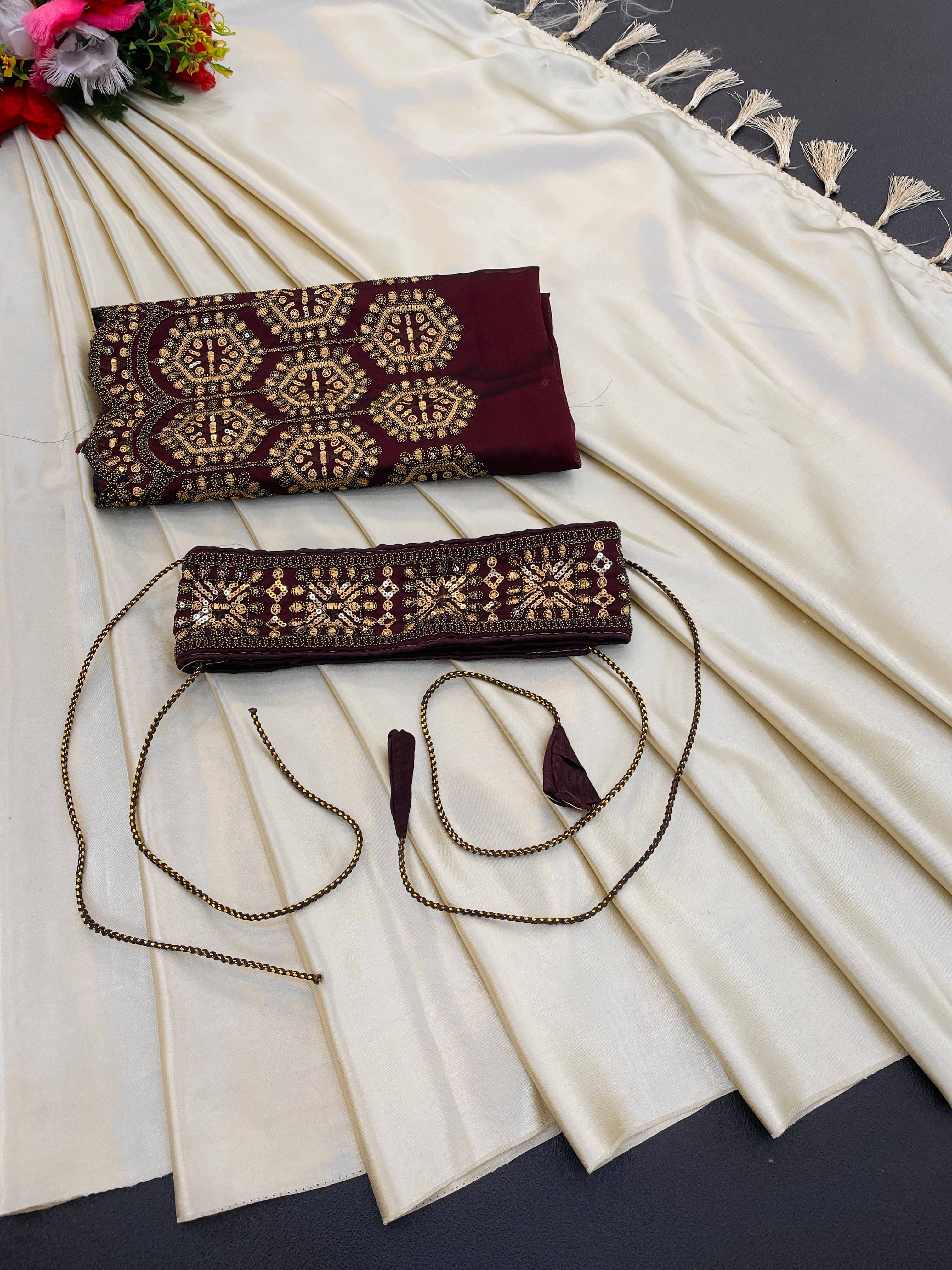     			THE STYLE CLUB Satin Embroidered Regular Saree With Unstitched Blouse Piece ( Beige )