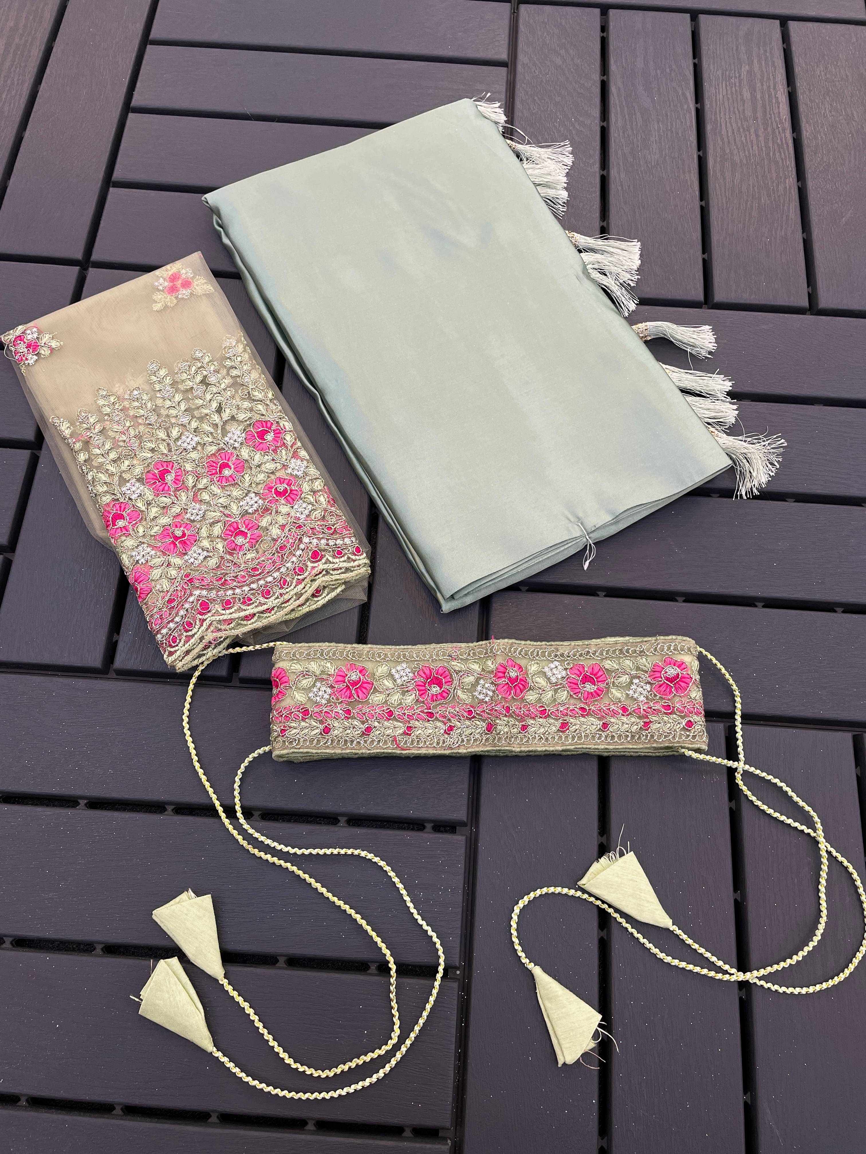 THE STYLE CLUB Satin Embroidered Regular Saree With Unstitched Blouse Piece ( White ) THE STYLE CLUB Satin Embroidered Regular Saree With Unstitched Blouse Piece ( White )