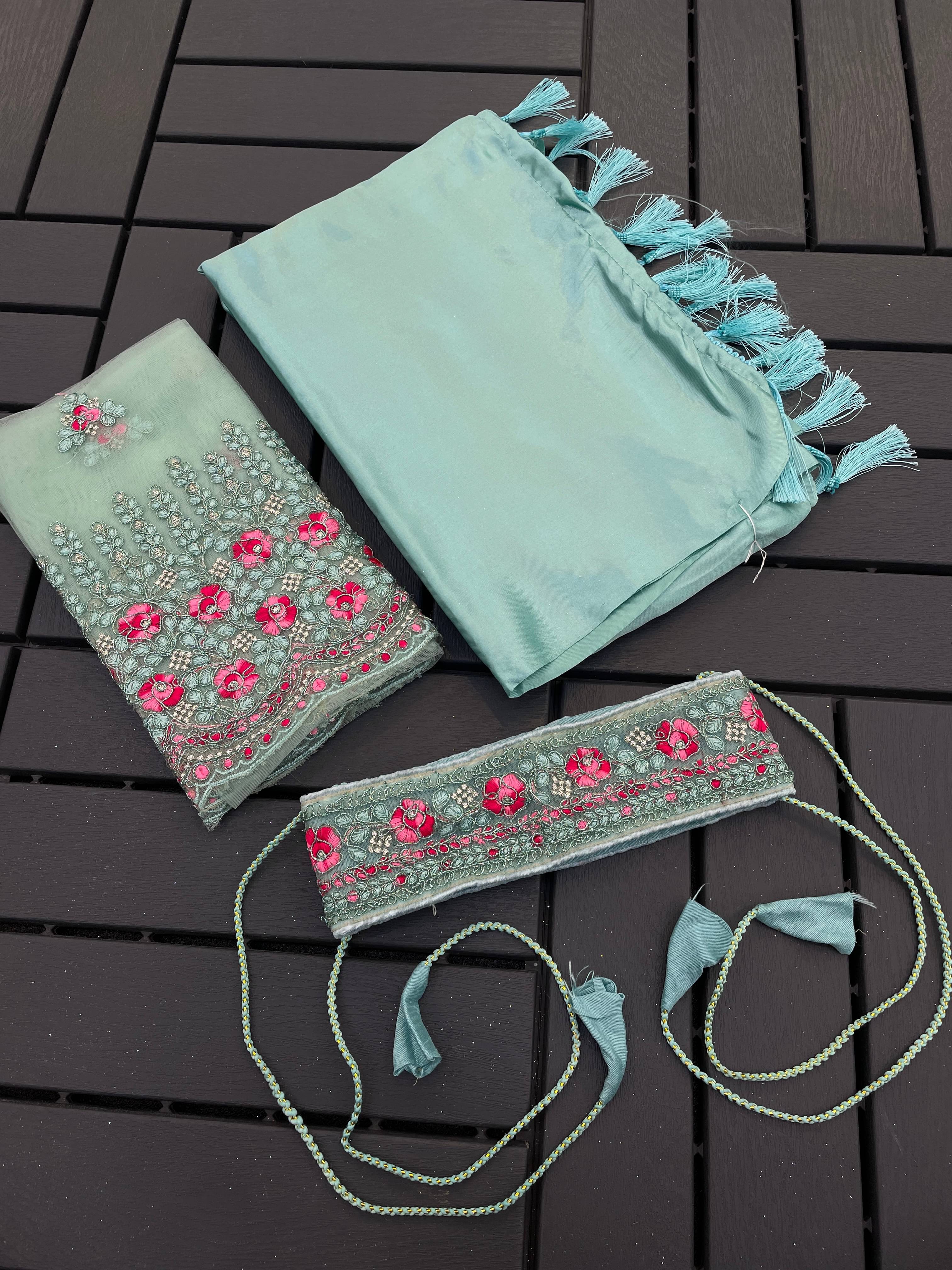 THE STYLE CLUB Satin Embroidered Regular Saree With Unstitched Blouse Piece ( Light Blue ) THE STYLE CLUB Satin Embroidered Regular Saree With Unstitched Blouse Piece ( Light Blue )