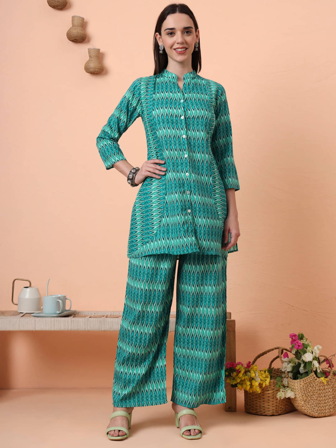     			Tissu Women Printed Tunic With Palazzos Co-Ord Set ( Green )