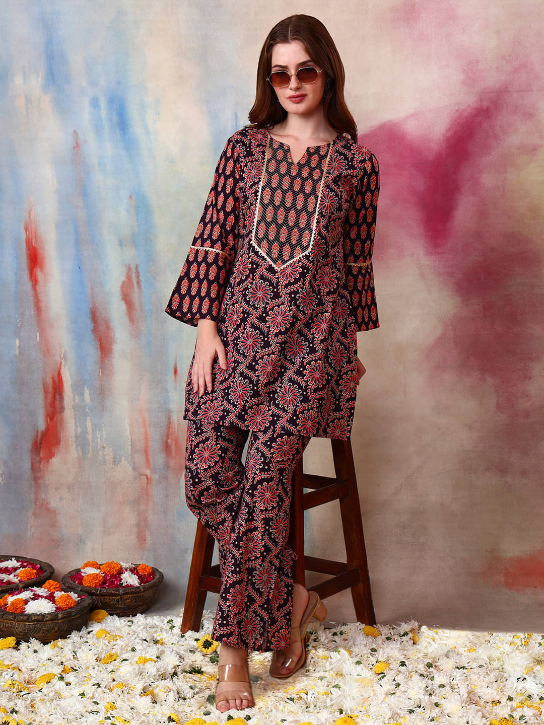     			Tissu Women Printed Tunic With Trousers Co-Ord Set ( Multicolor )