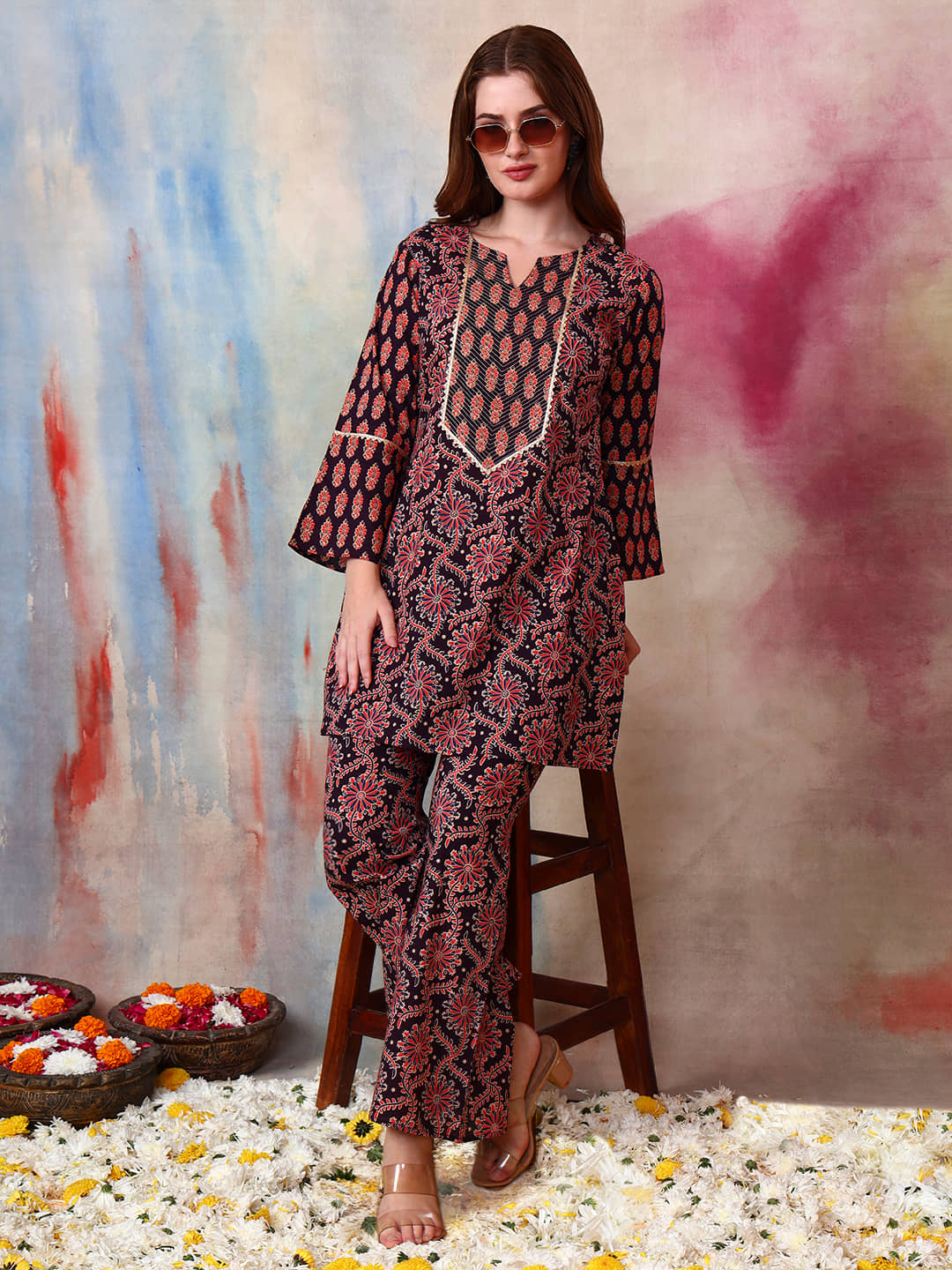 Tissu Women Printed Tunic With Trousers Co-Ord Set ( Multicolor )