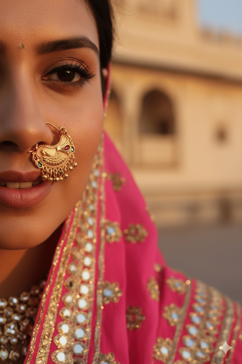 Traditional Rajasthani Gold Plated Bridal Ethnic Nose Nath with Beads Traditional Rajasthani Gold Plated Bridal Ethnic Nose Nath with Beads