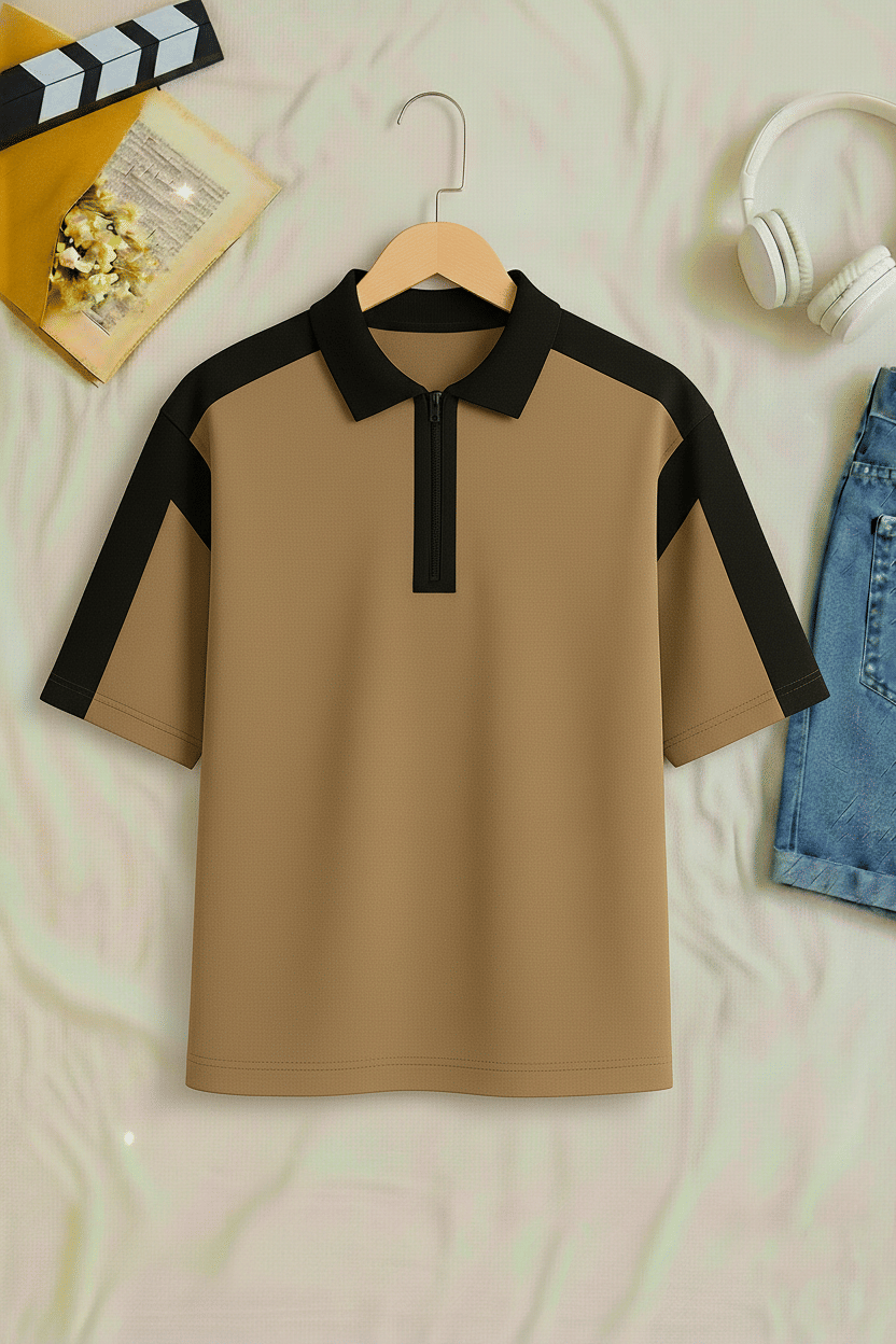     			Try This Men Cotton Blend Regular Fit Colorblock Polo T Shirt ( Brown )