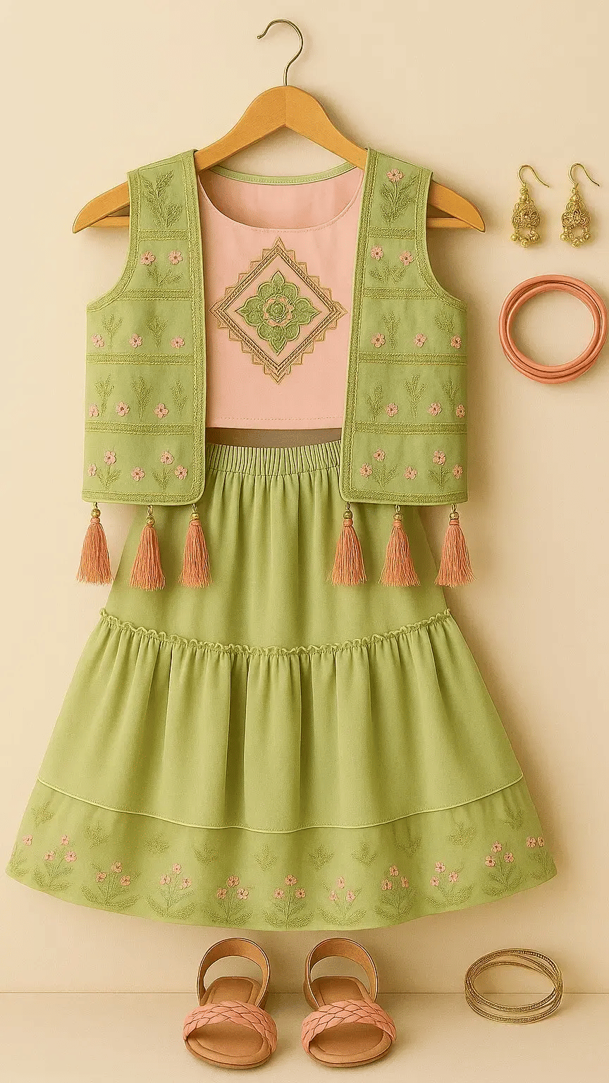     			Wah Mayur Georgette Lehenga with Jacket For Girls ( Pack of 1 , Green )