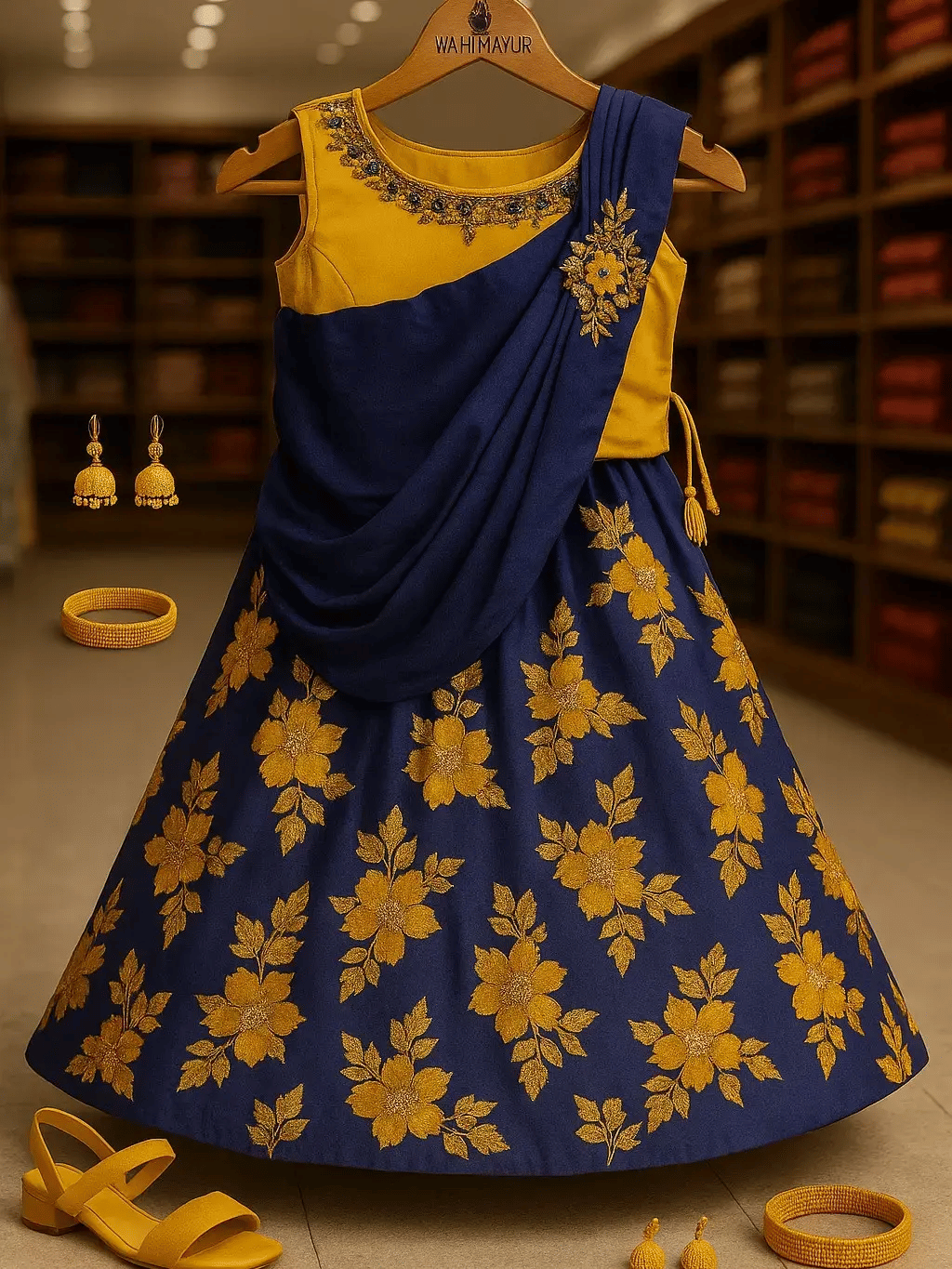     			Wah Mayur Jacquard Lehenga Choli Set For Girls ( Pack of 1 , Yellow )