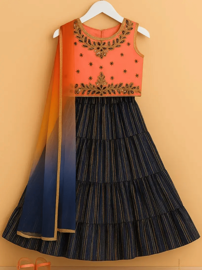     			Wah Mayur Polyester Lehenga Choli Set For Girls ( Pack of 1 , Navy Blue )