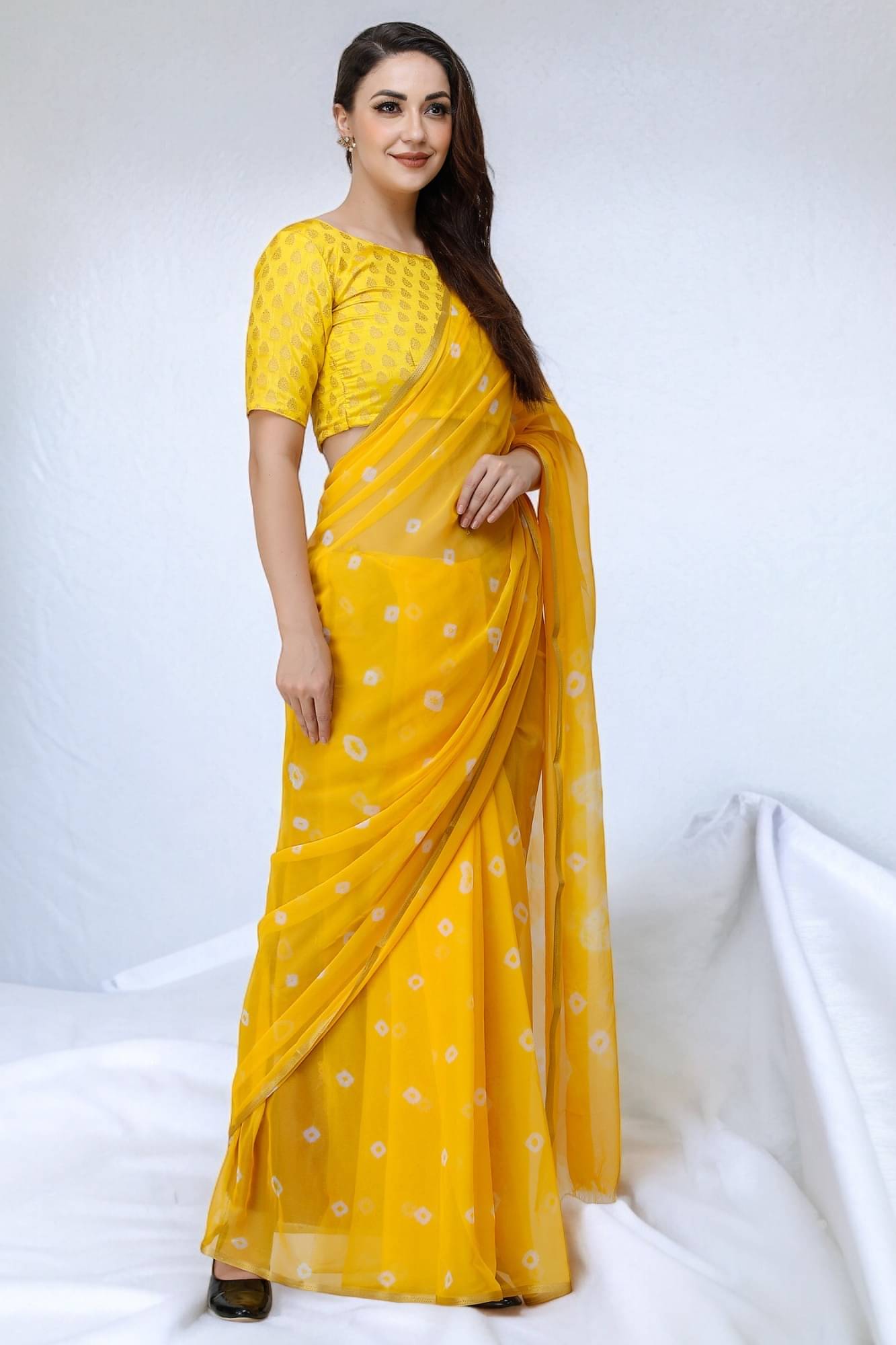 clafoutis Chiffon Dyed Bandhani Sarees With Unstitched Blouse Piece ( Yellow ) clafoutis Chiffon Dyed Bandhani Sarees With Unstitched Blouse Piece ( Yellow )