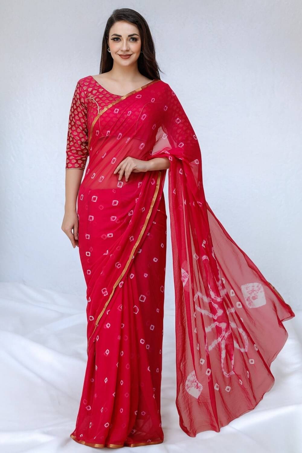 clafoutis Chiffon Dyed Bandhani Sarees With Unstitched Blouse Piece ( Red ) clafoutis Chiffon Dyed Bandhani Sarees With Unstitched Blouse Piece ( Red )