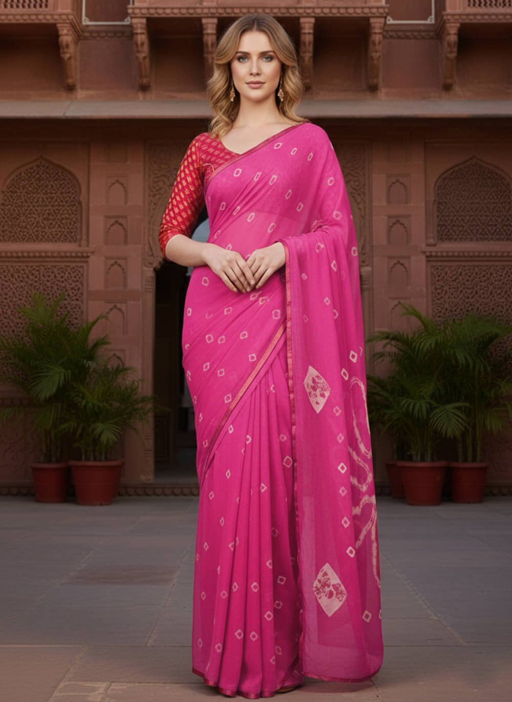 clafoutis Chiffon Dyed Bandhani Sarees With Unstitched Blouse Piece ( Pink ) clafoutis Chiffon Dyed Bandhani Sarees With Unstitched Blouse Piece ( Pink )
