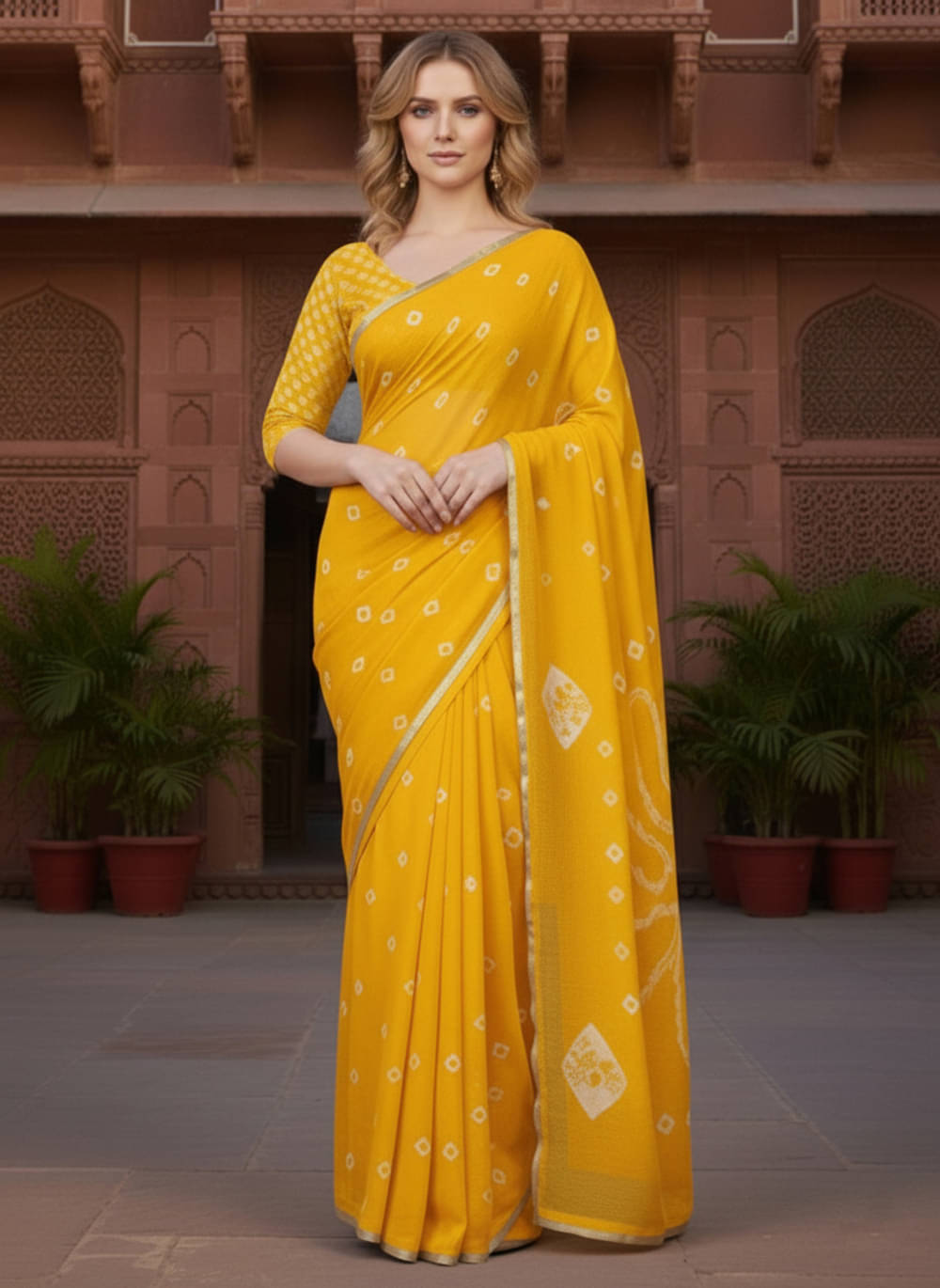 clafoutis Chiffon Dyed Bandhani Sarees With Unstitched Blouse Piece ( Yellow ) clafoutis Chiffon Dyed Bandhani Sarees With Unstitched Blouse Piece ( Yellow )