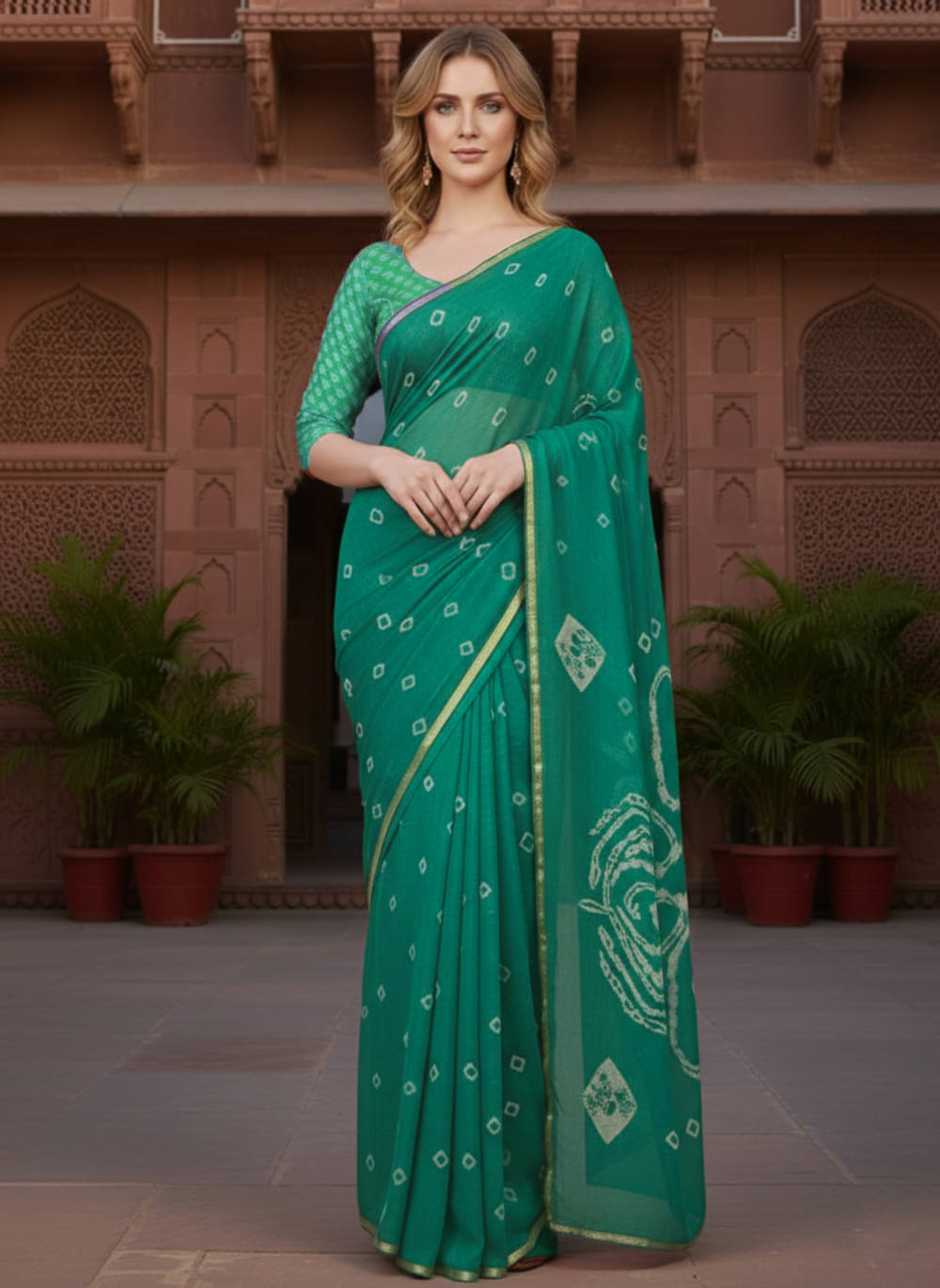clafoutis Chiffon Dyed Bandhani Sarees With Unstitched Blouse Piece ( Rama ) clafoutis Chiffon Dyed Bandhani Sarees With Unstitched Blouse Piece ( Rama )