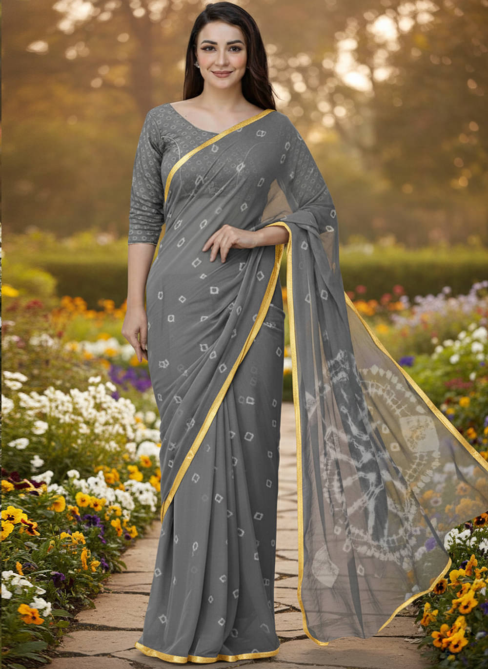 clafoutis Chiffon Dyed Bandhani Sarees With Unstitched Blouse Piece ( Grey ) clafoutis Chiffon Dyed Bandhani Sarees With Unstitched Blouse Piece ( Grey )
