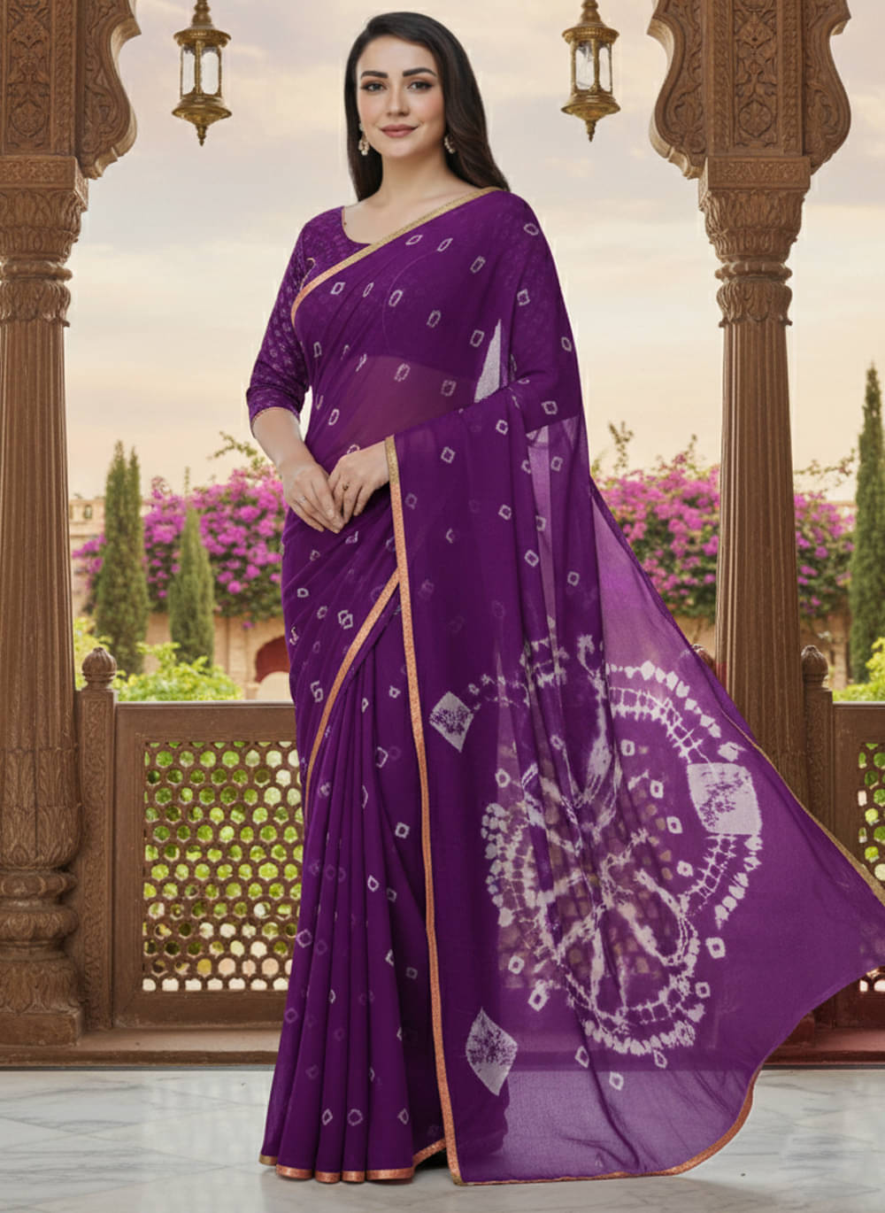 clafoutis Chiffon Dyed Bandhani Sarees With Unstitched Blouse Piece ( Purple ) clafoutis Chiffon Dyed Bandhani Sarees With Unstitched Blouse Piece ( Purple )