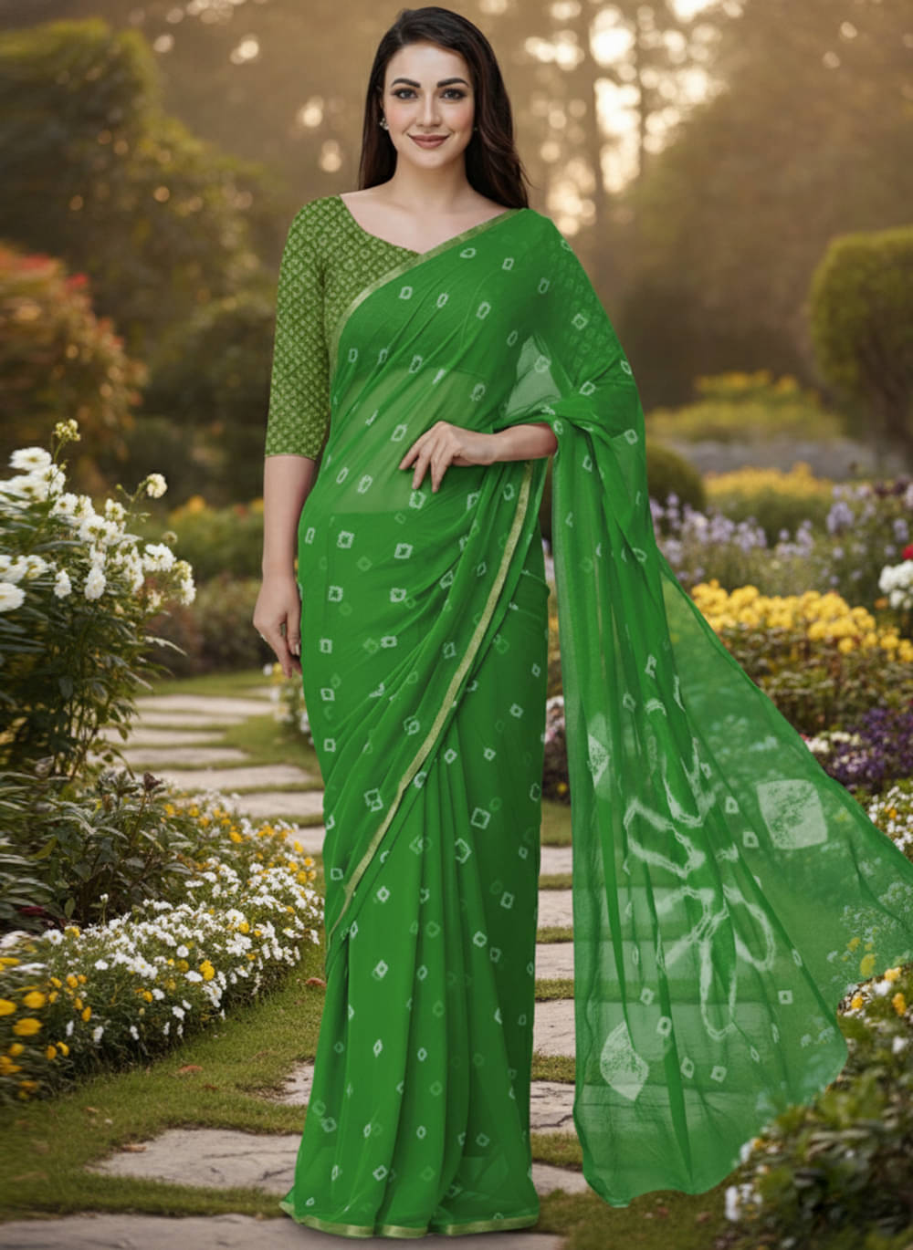 clafoutis Chiffon Dyed Bandhani Sarees With Unstitched Blouse Piece ( Green ) clafoutis Chiffon Dyed Bandhani Sarees With Unstitched Blouse Piece ( Green )