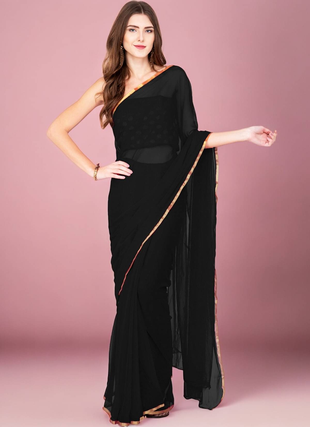 clafoutis Chiffon Solid Regular Saree With Unstitched Blouse Piece ( Black )     			clafoutis Chiffon Solid Regular Saree With Unstitched Blouse Piece ( Black )