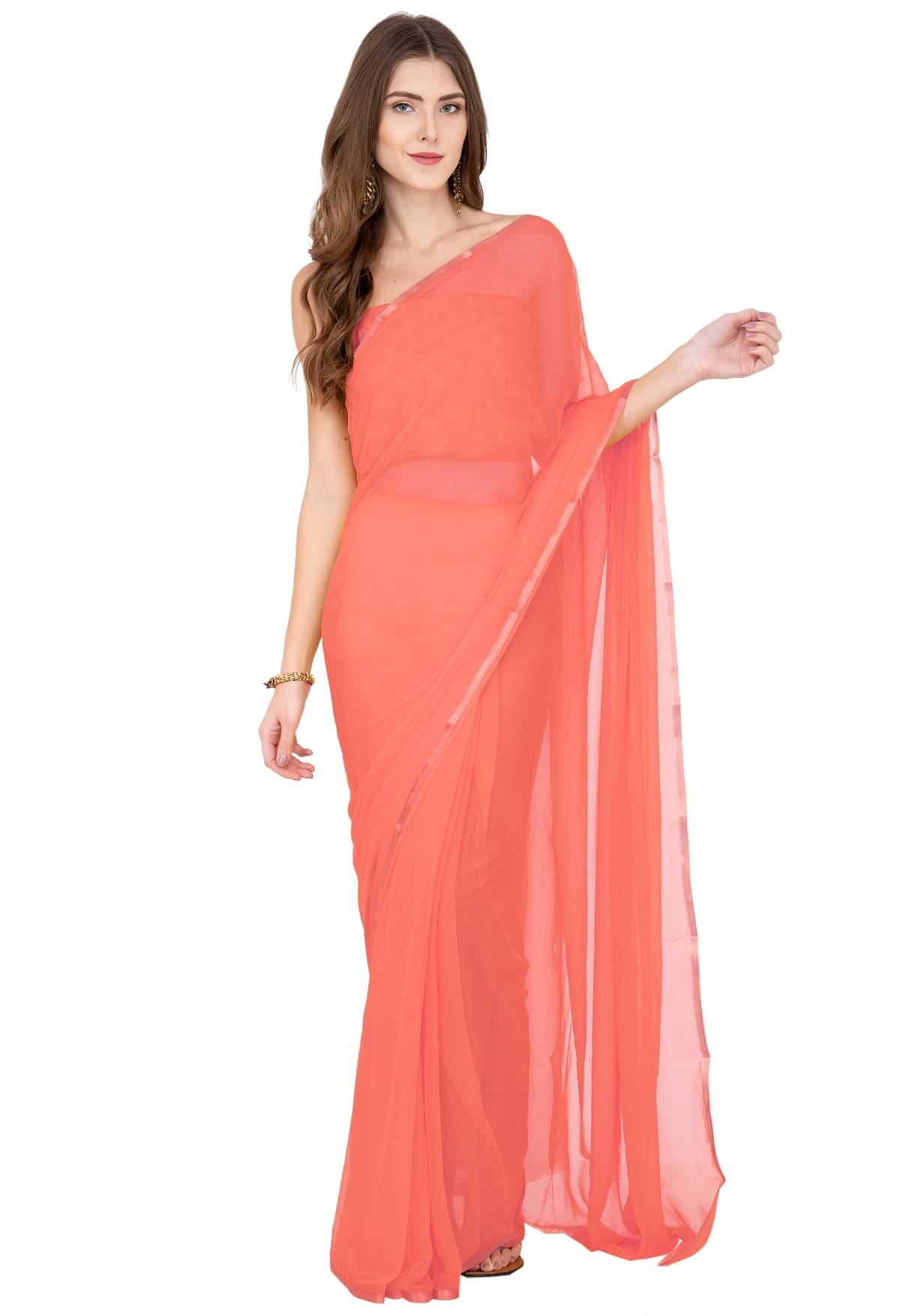 clafoutis Chiffon Solid Regular Saree With Unstitched Blouse Piece ( Peach ) clafoutis Chiffon Solid Regular Saree With Unstitched Blouse Piece ( Peach )