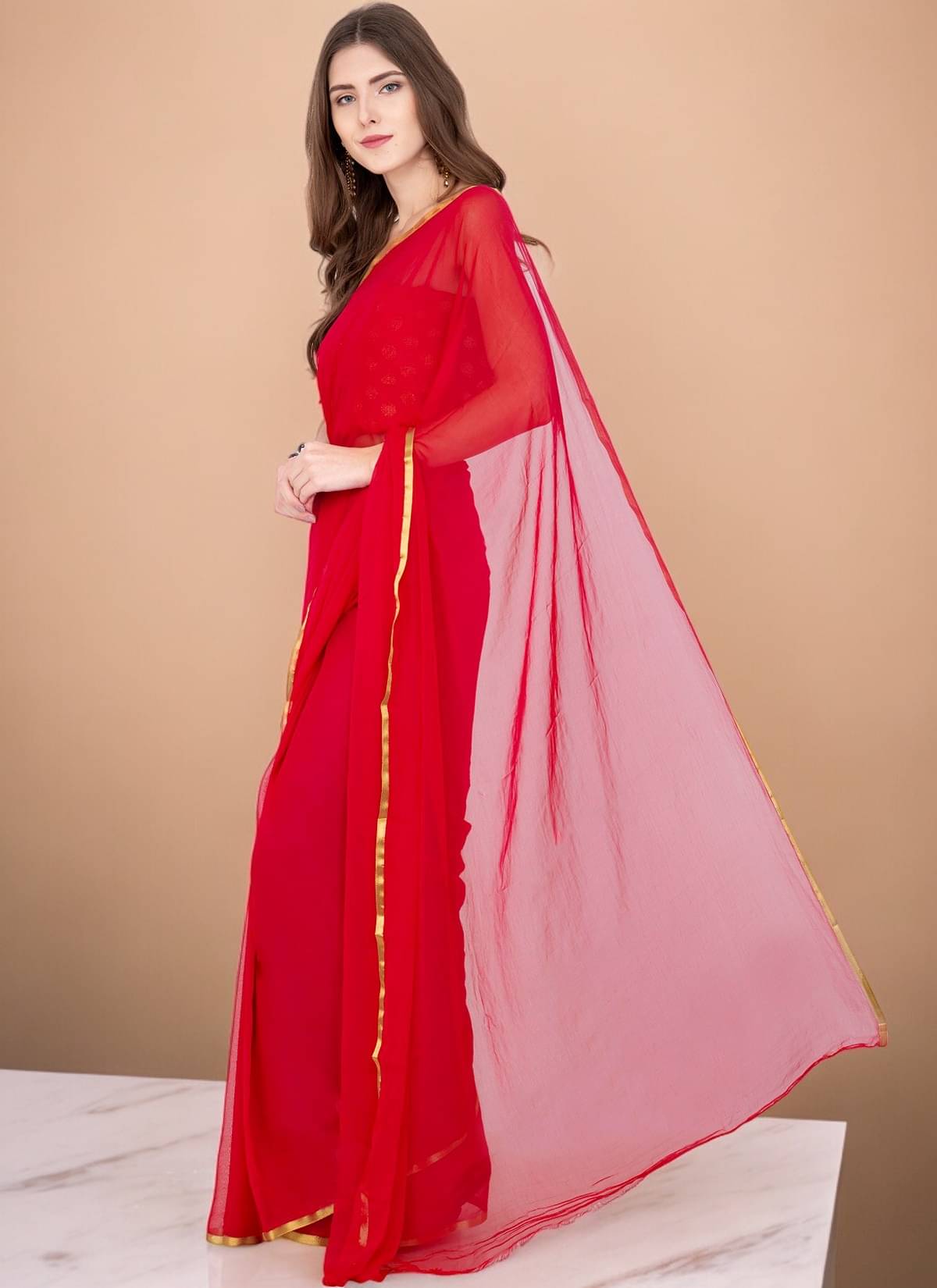clafoutis Chiffon Solid Regular Saree With Unstitched Blouse Piece ( Red ) clafoutis Chiffon Solid Regular Saree With Unstitched Blouse Piece ( Red )