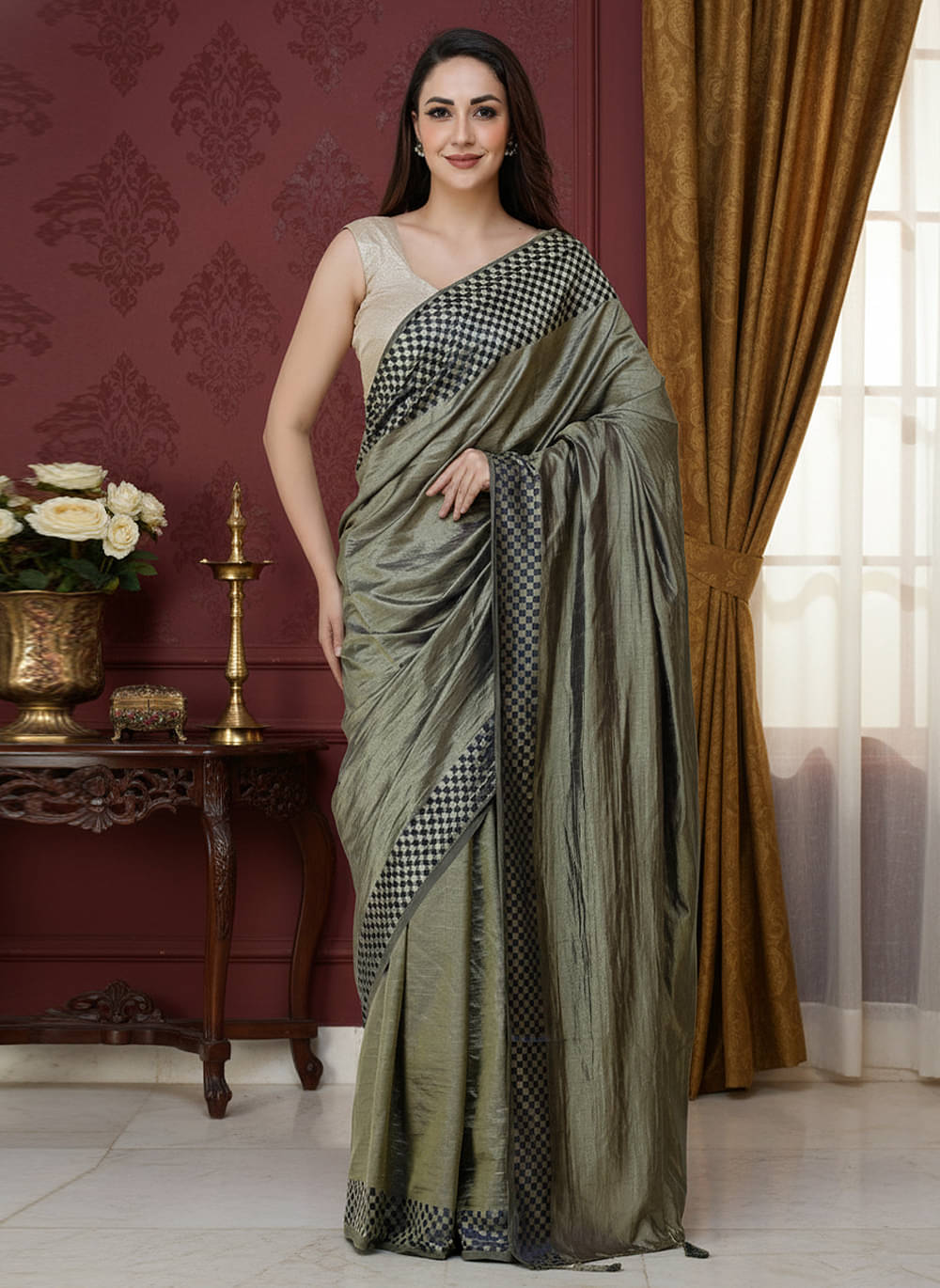 clafoutis Silk Solid Regular Saree Without Blouse Piece ( Charcoal )     			clafoutis Silk Solid Regular Saree Without Blouse Piece ( Charcoal )