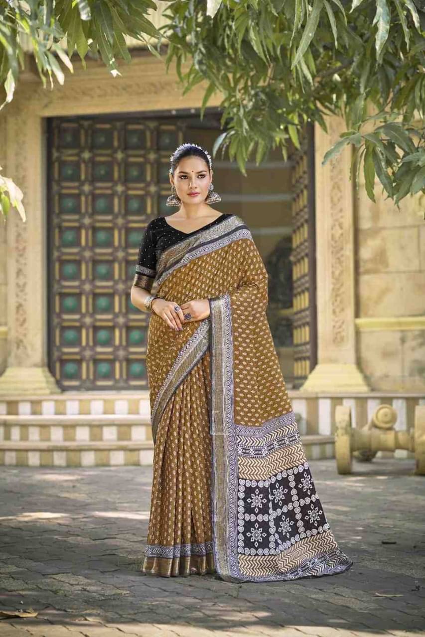 BRENZZAFASHION Cotton Printed Bandhani Sarees With Unstitched Blouse Piece ( Brown )     			BRENZZAFASHION Cotton Printed Bandhani Sarees With Unstitched Blouse Piece ( Brown )