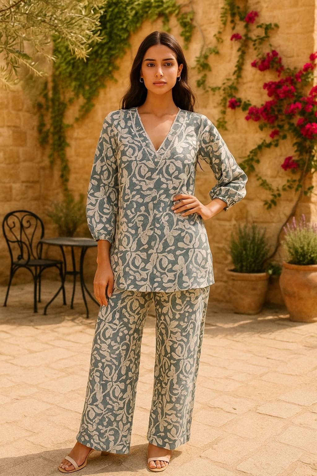     			Bitterlime Women Printed Top With Trousers Co-Ord Set ( Grey )