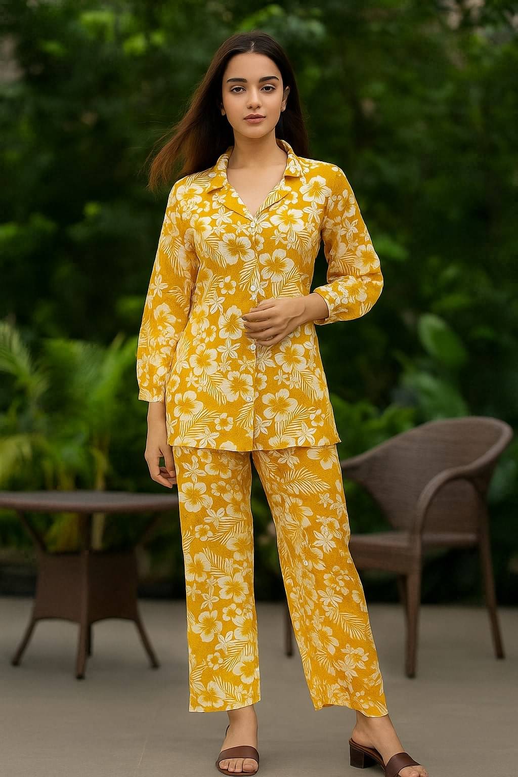     			Bitterlime Women Printed Top With Trousers Co-Ord Set ( Yellow )