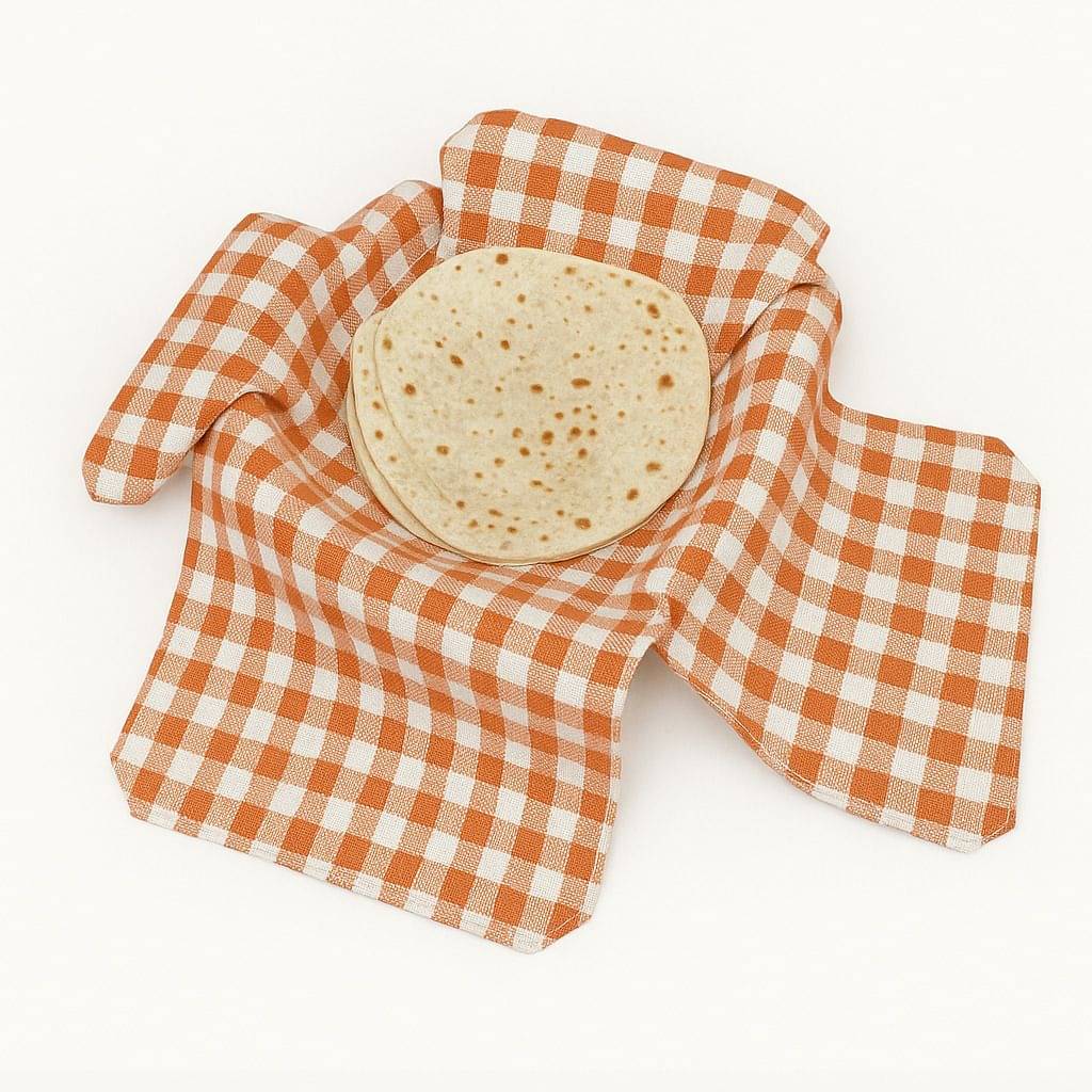     			Cotton Double Layer Roti Clothes Wrap with Flaps, Cotton Cloth for Chapati Checkered Roti Square Flap Cover (Orange, 1)