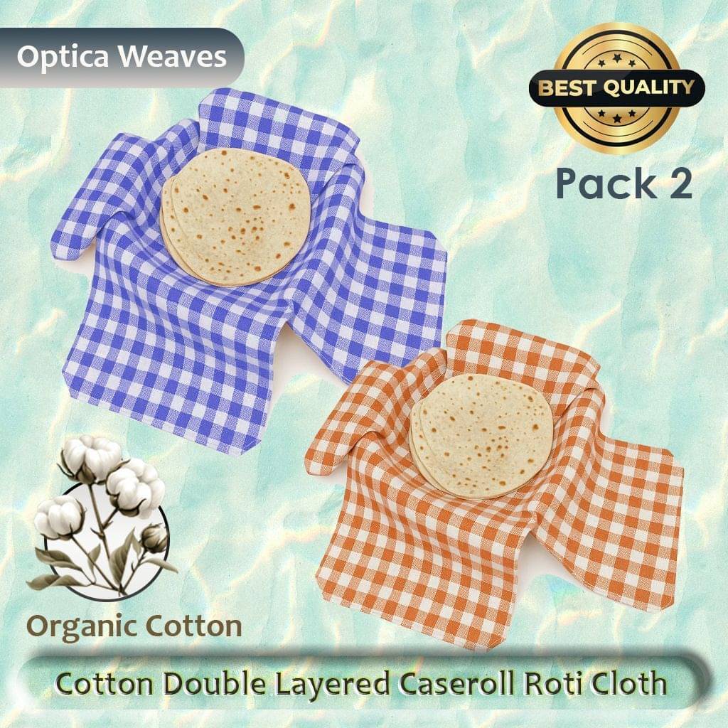     			Cotton Double Layer Roti Clothes Wrap with Flaps, Cotton Cloth for Chapati Checkered Roti Square Flap Cover (Blue, Orange, 2)