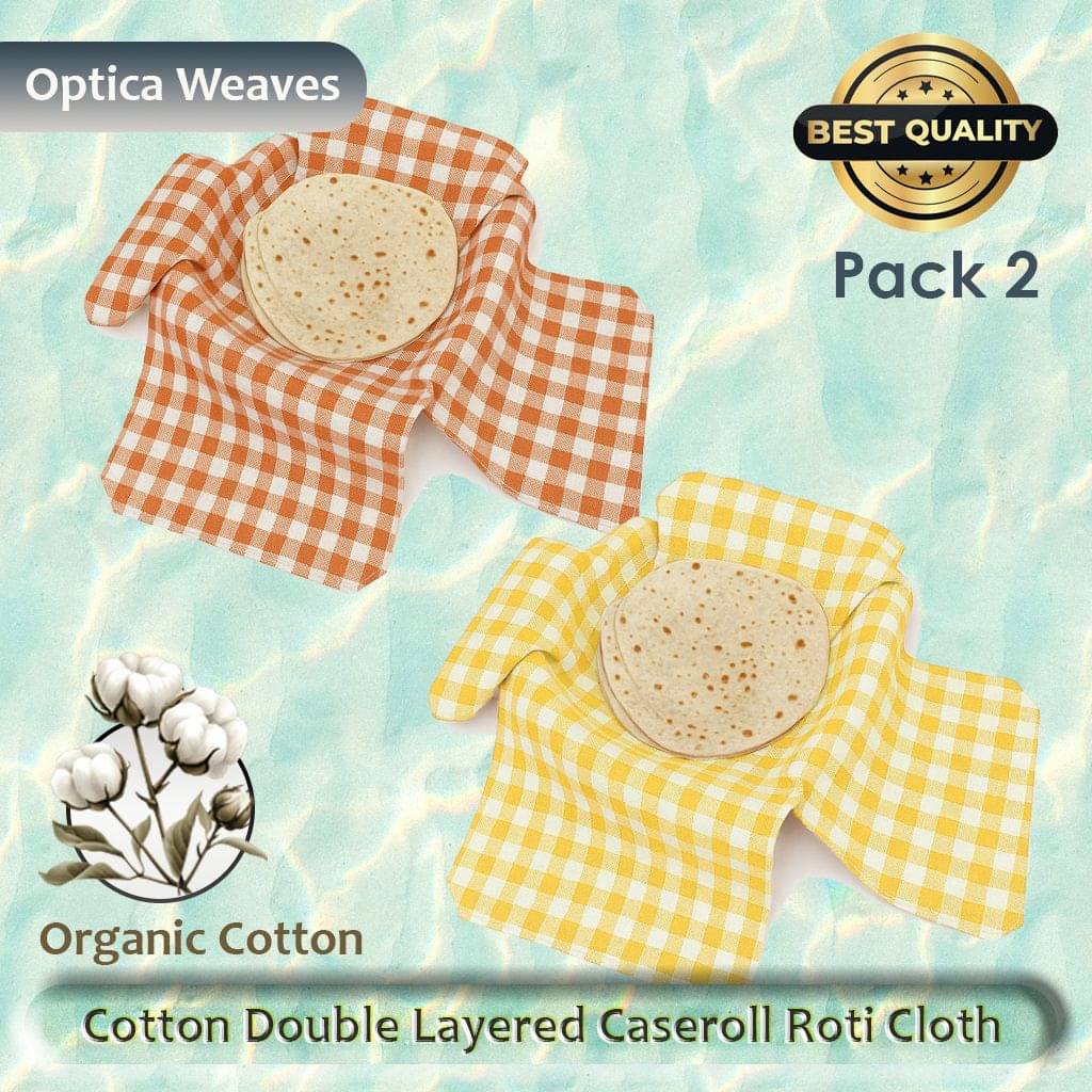     			Cotton Double Layer Roti Clothes Wrap with Flaps, Cotton Cloth for Chapati Checkered Roti Square Flap Cover (Orange, Yellow, 2)