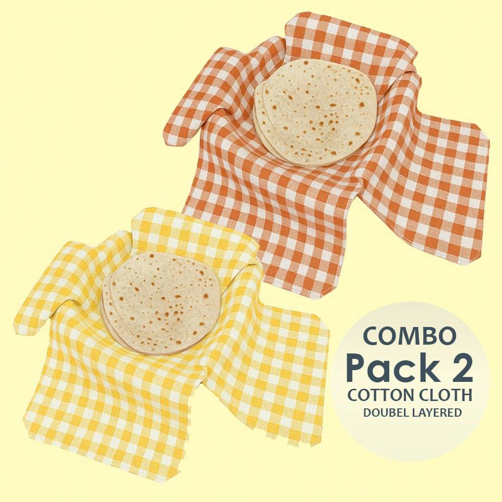     			Cotton Double Layer Roti Clothes Wrap with Flaps, Cotton Cloth for Chapati Checkered Roti Square Flap Cover (Yellow, Orange, 2)