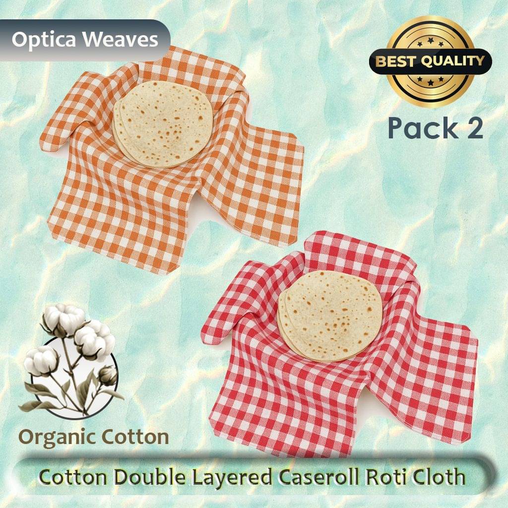     			Cotton Double Layer Roti Clothes Wrap with Flaps, Cotton Cloth for Chapati Checkered Roti Square Flap Cover (Orane, Red, 2)