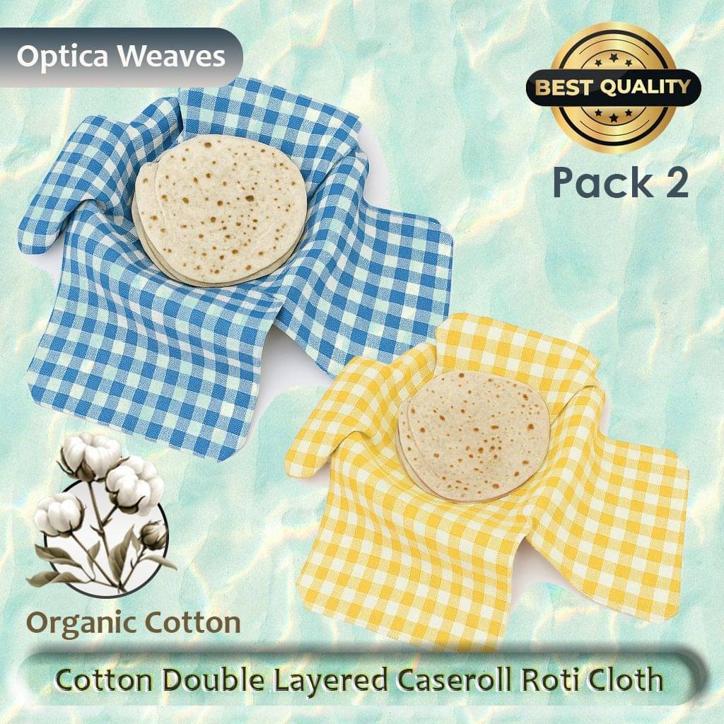     			Cotton Double Layer Roti Clothes Wrap with Flaps, Cotton Cloth for Chapati Checkered Roti Round Flap Cover (Aqua, Yellow, 2)