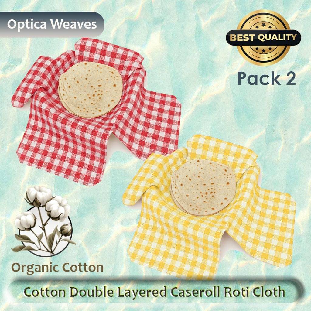     			Cotton Double Layer Roti Clothes Wrap with Flaps, Cotton Cloth for Chapati Checkered Roti Square Flap Cover (Red, Yellow, 2)
