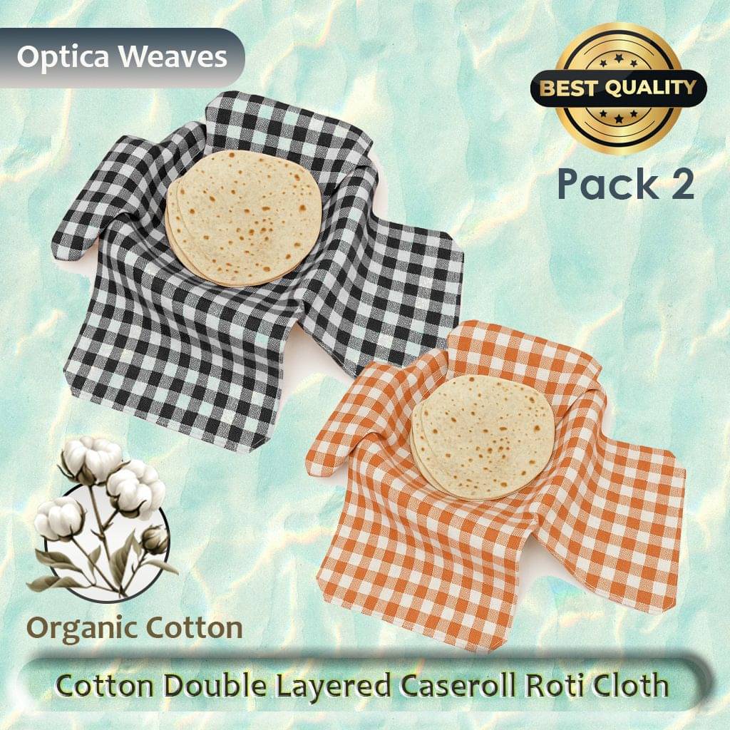    			Cotton Double Layer Roti Clothes Wrap with Flaps, Cotton Cloth for Chapati Checkered Roti Square Flap Cover (Black, Orange, 2)