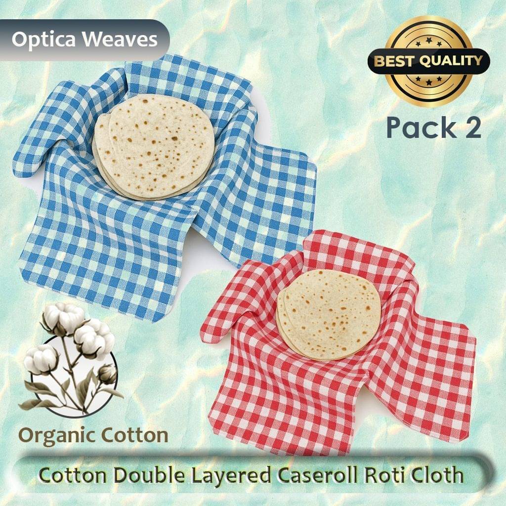     			Cotton Double Layer Roti Clothes Wrap with Flaps, Cotton Cloth for Chapati Checkered Roti Round Flap Cover (Blue, Red, 2)