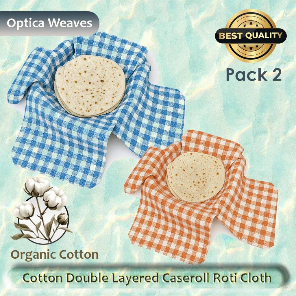     			Cotton Double Layer Roti Clothes Wrap with Flaps, Cotton Cloth for Chapati Checkered Roti Square Flap Cover (Blue, Orange, 2)