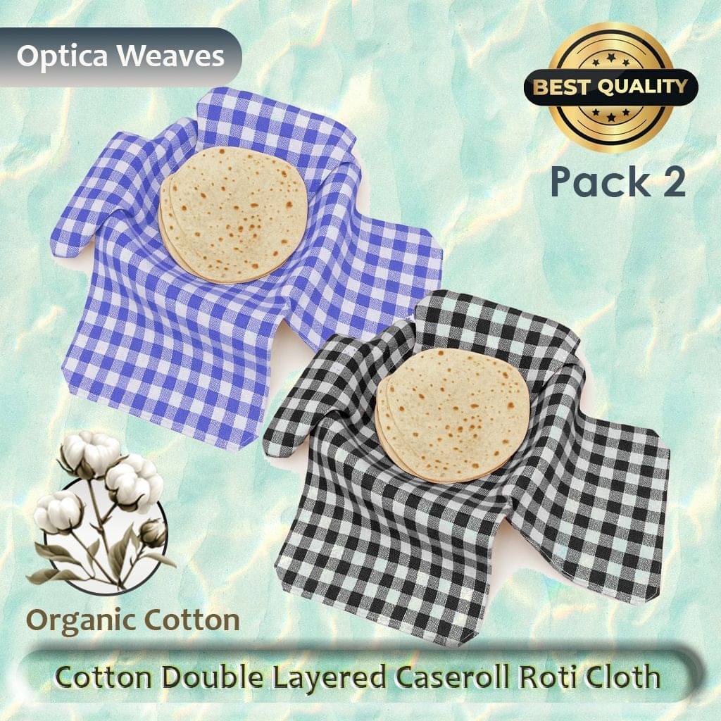     			Cotton Double Layer Roti Clothes Wrap with Flaps, Cotton Cloth for Chapati Checkered Roti Square Flap Cover (Blue, Black, 2)