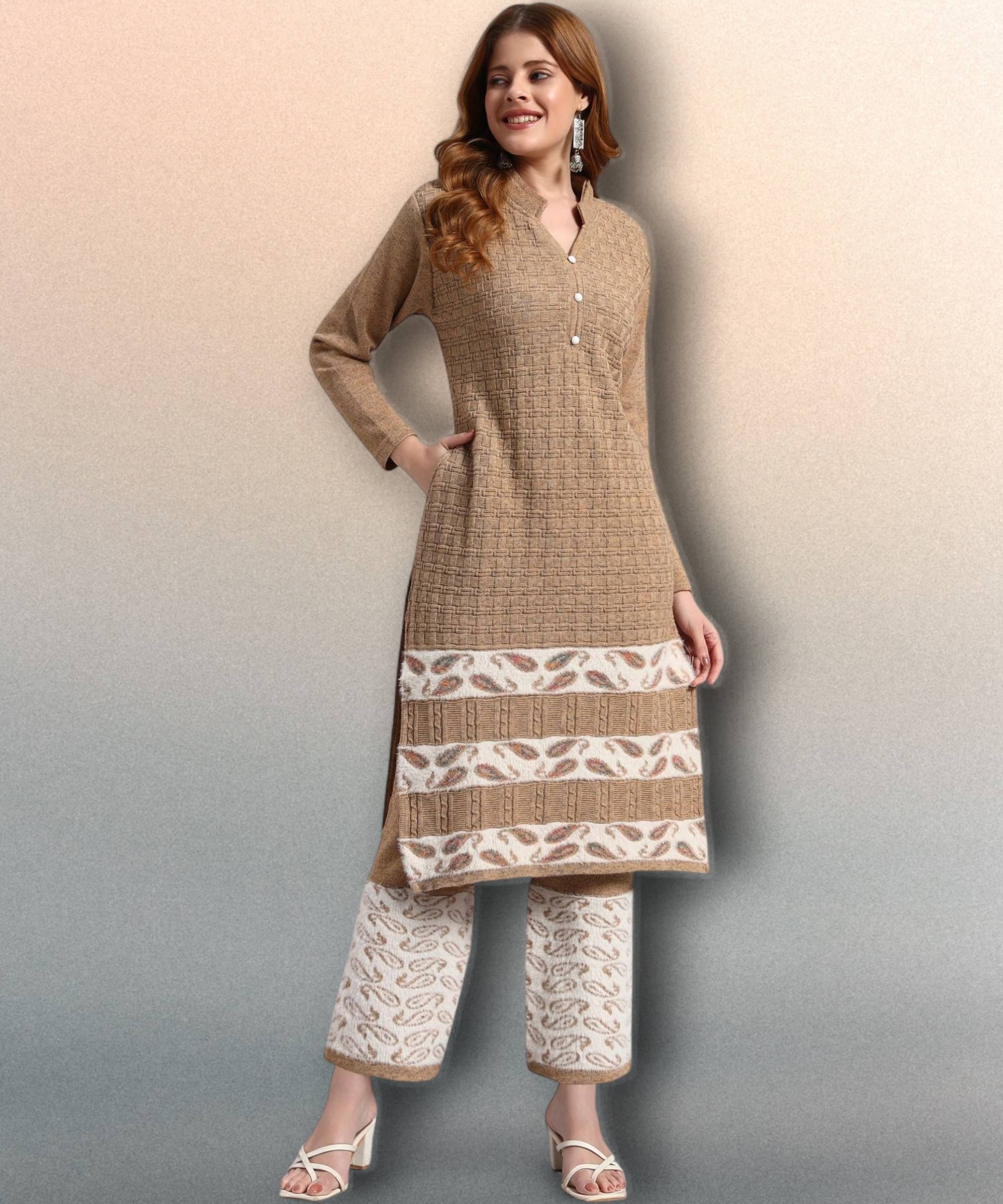     			DRESSBASE Women Woollen Self Design Straight Kurti With Palazzo ( Cream )