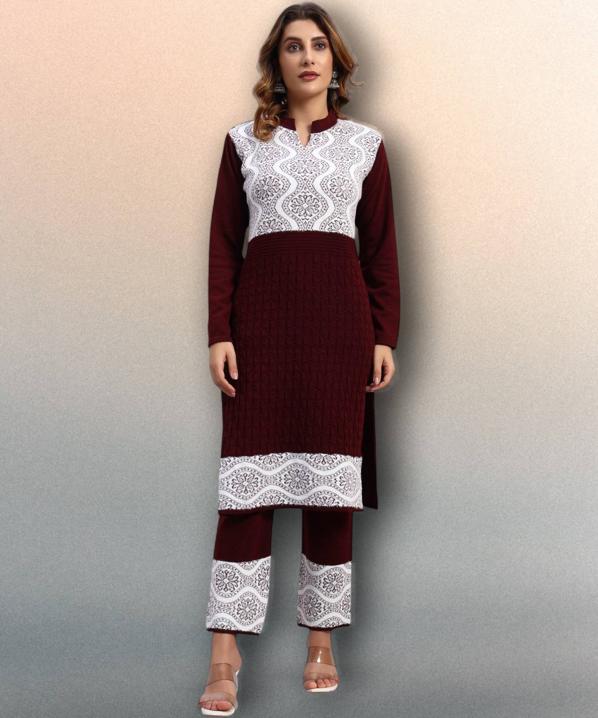 DRESSBASE Women Woollen Self Design Straight Kurti With Palazzo ( Wine )     			DRESSBASE Women Woollen Self Design Straight Kurti With Palazzo ( Wine )