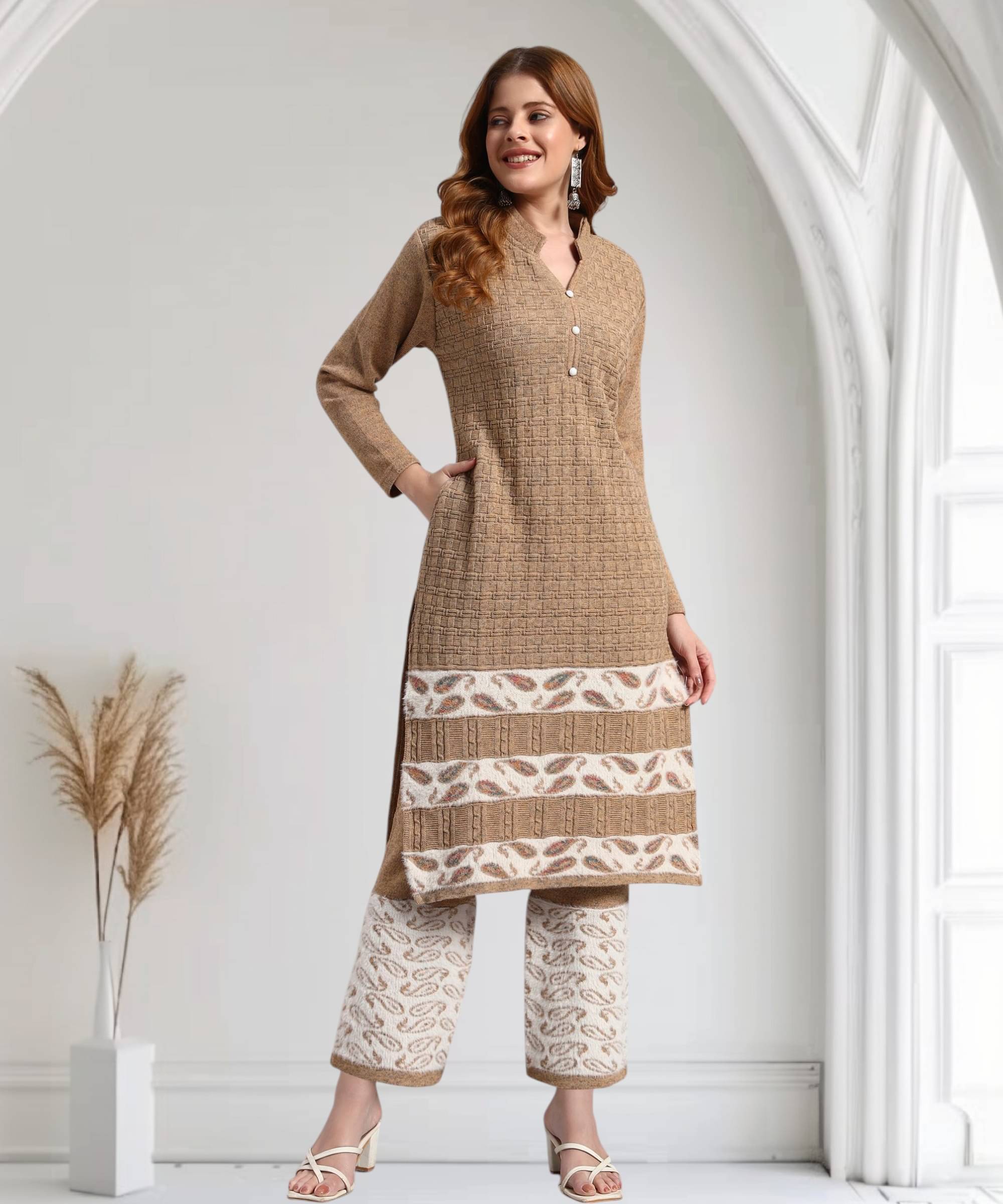DRESSBASE Women Woollen Self Design Straight Kurti With Palazzo ( Cream )     			DRESSBASE Women Woollen Self Design Straight Kurti With Palazzo ( Cream )