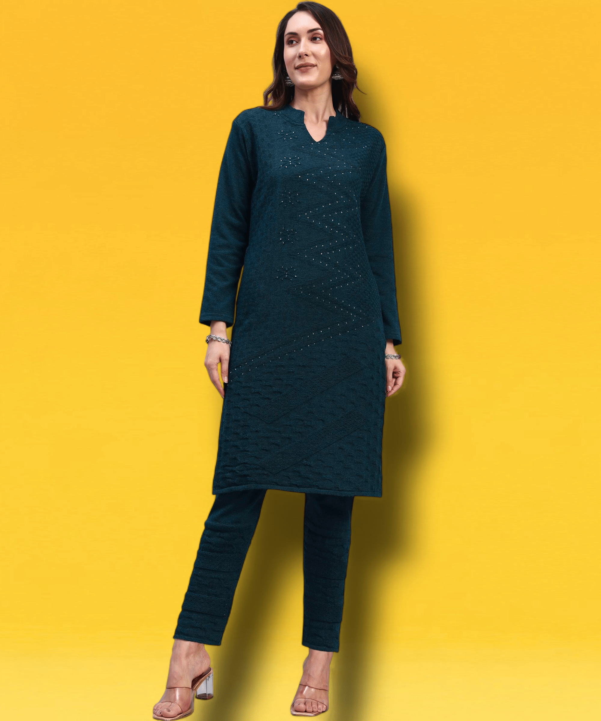DRESSBASE Women Woollen Self Design Straight Kurti With Palazzo ( Blue )     			DRESSBASE Women Woollen Self Design Straight Kurti With Palazzo ( Blue )