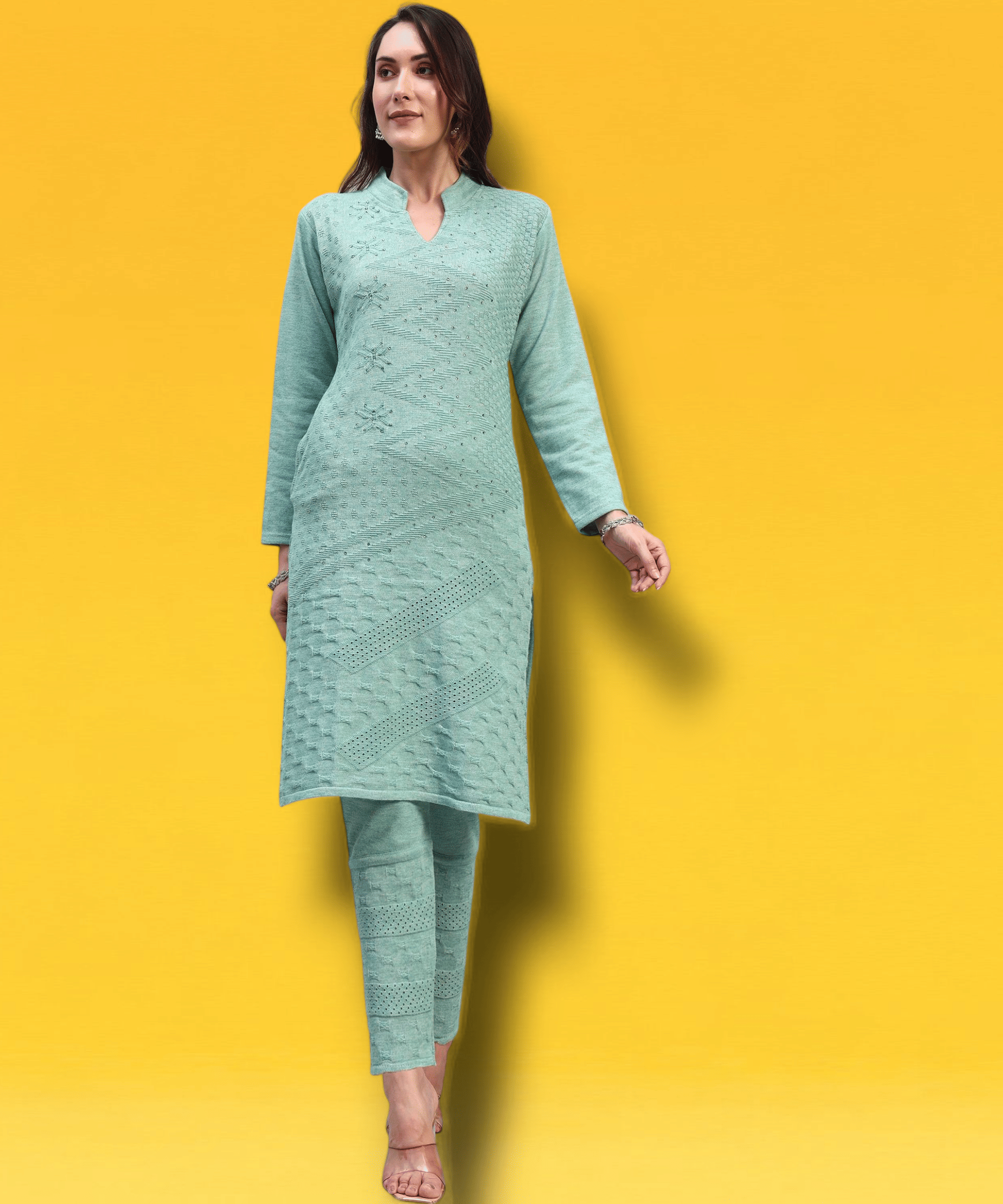 DRESSBASE Women Woollen Self Design Straight Kurti With Palazzo ( Green )     			DRESSBASE Women Woollen Self Design Straight Kurti With Palazzo ( Green )