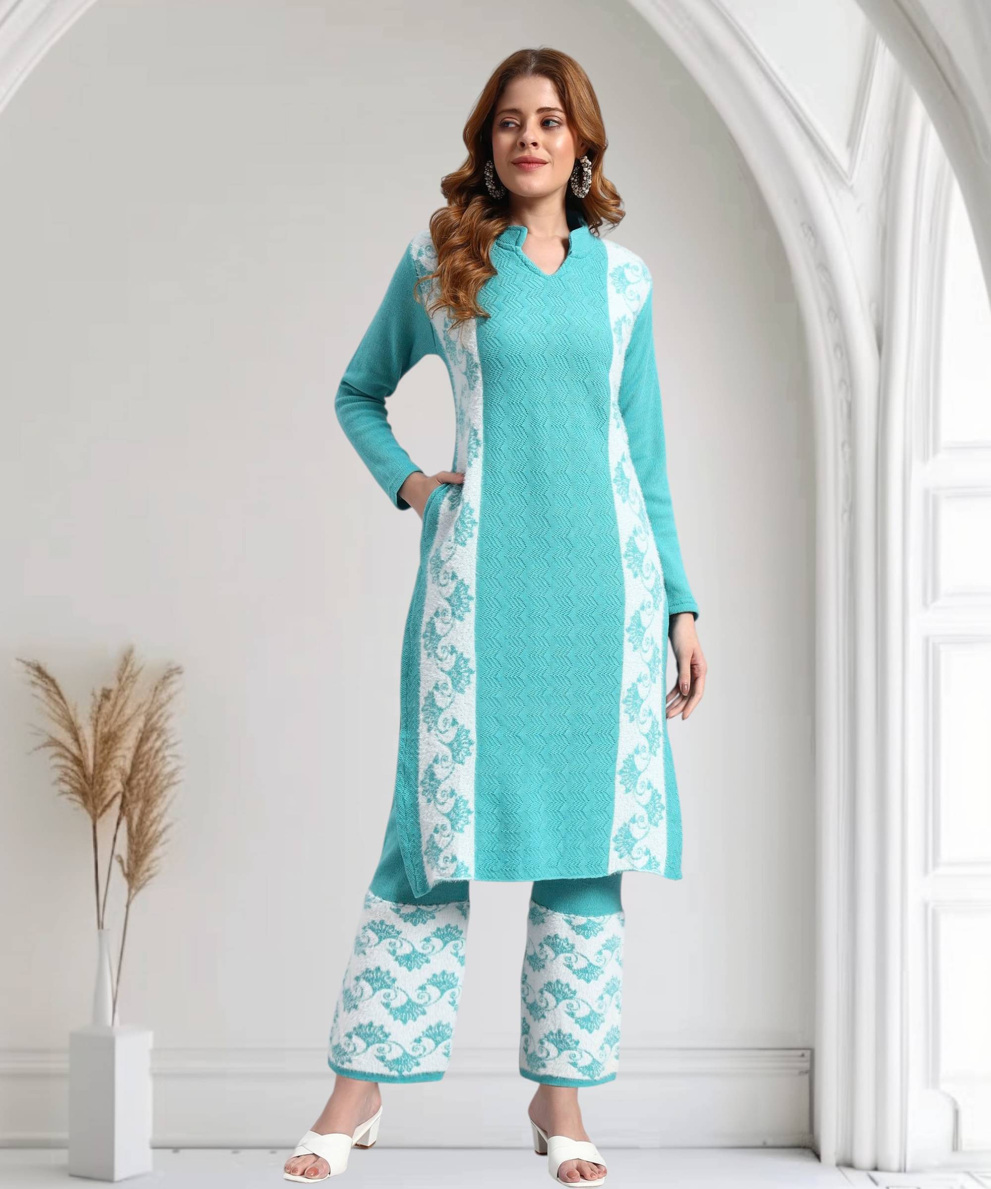 DRESSBASE Women Woollen Self Design Straight Kurti With Palazzo ( Green )     			DRESSBASE Women Woollen Self Design Straight Kurti With Palazzo ( Green )