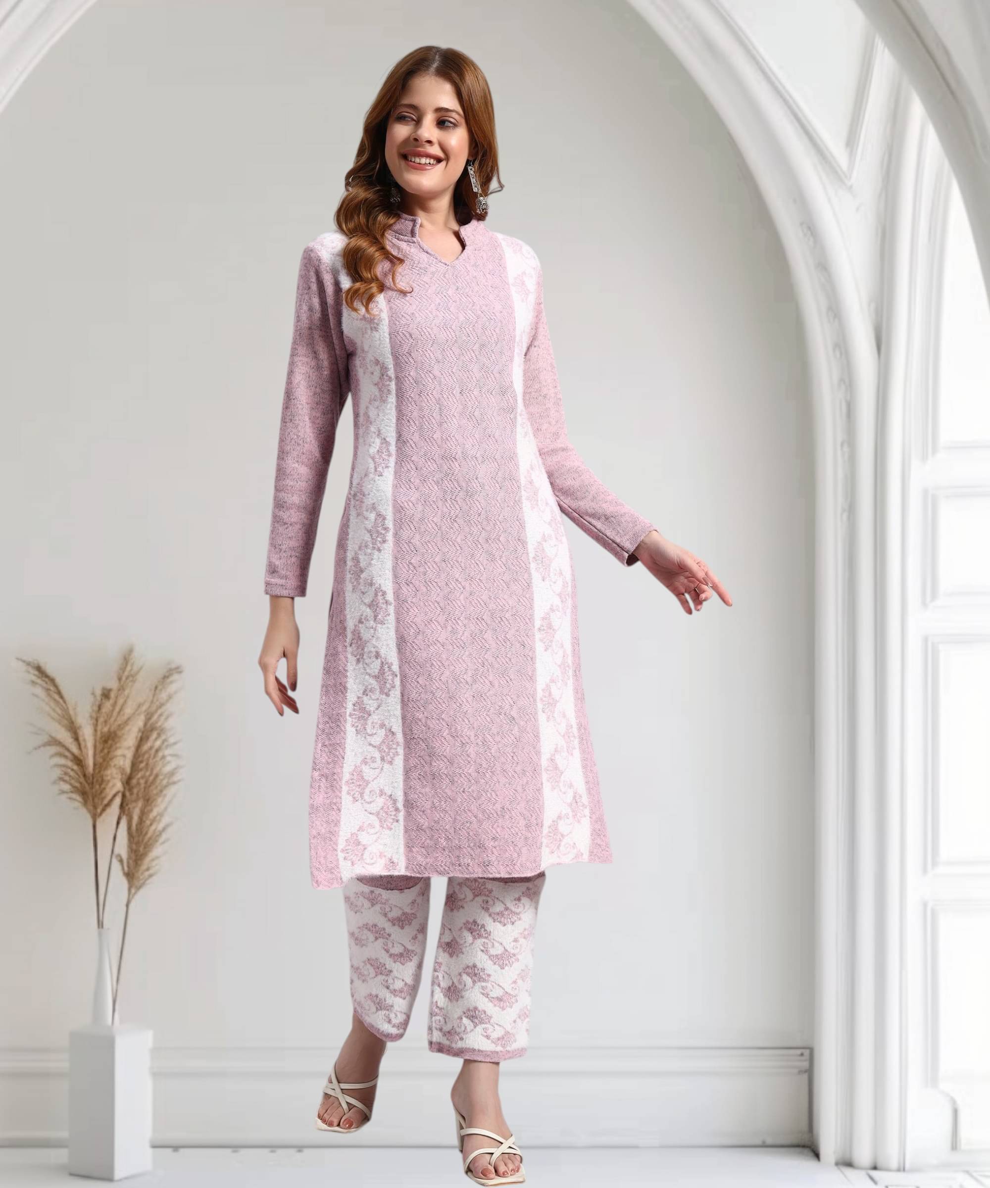     			DRESSBASE Women Woollen Self Design Straight Kurti With Palazzo ( Pink )