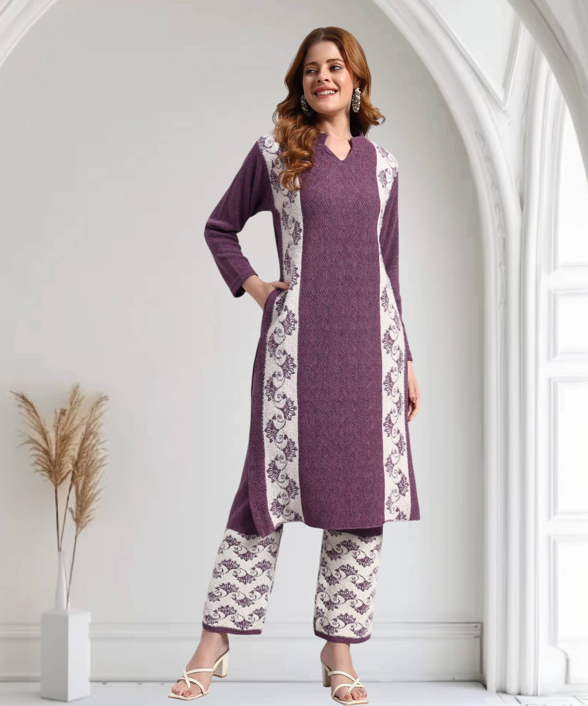 DRESSBASE Women Woollen Self Design Straight Kurti With Palazzo ( Lavender )     			DRESSBASE Women Woollen Self Design Straight Kurti With Palazzo ( Lavender )