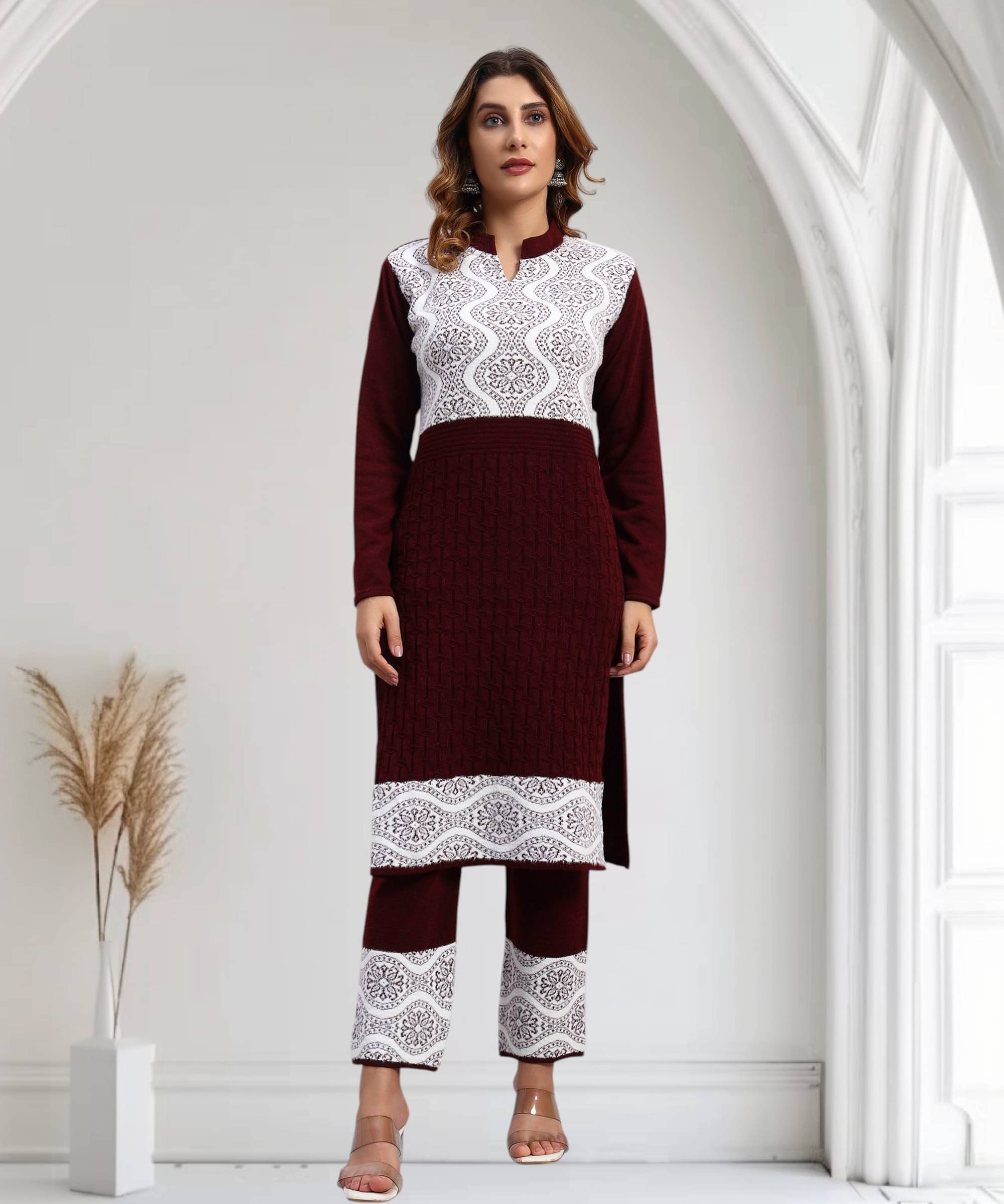 DRESSBASE Women Woollen Self Design Straight Kurti With Palazzo ( Wine )     			DRESSBASE Women Woollen Self Design Straight Kurti With Palazzo ( Wine )