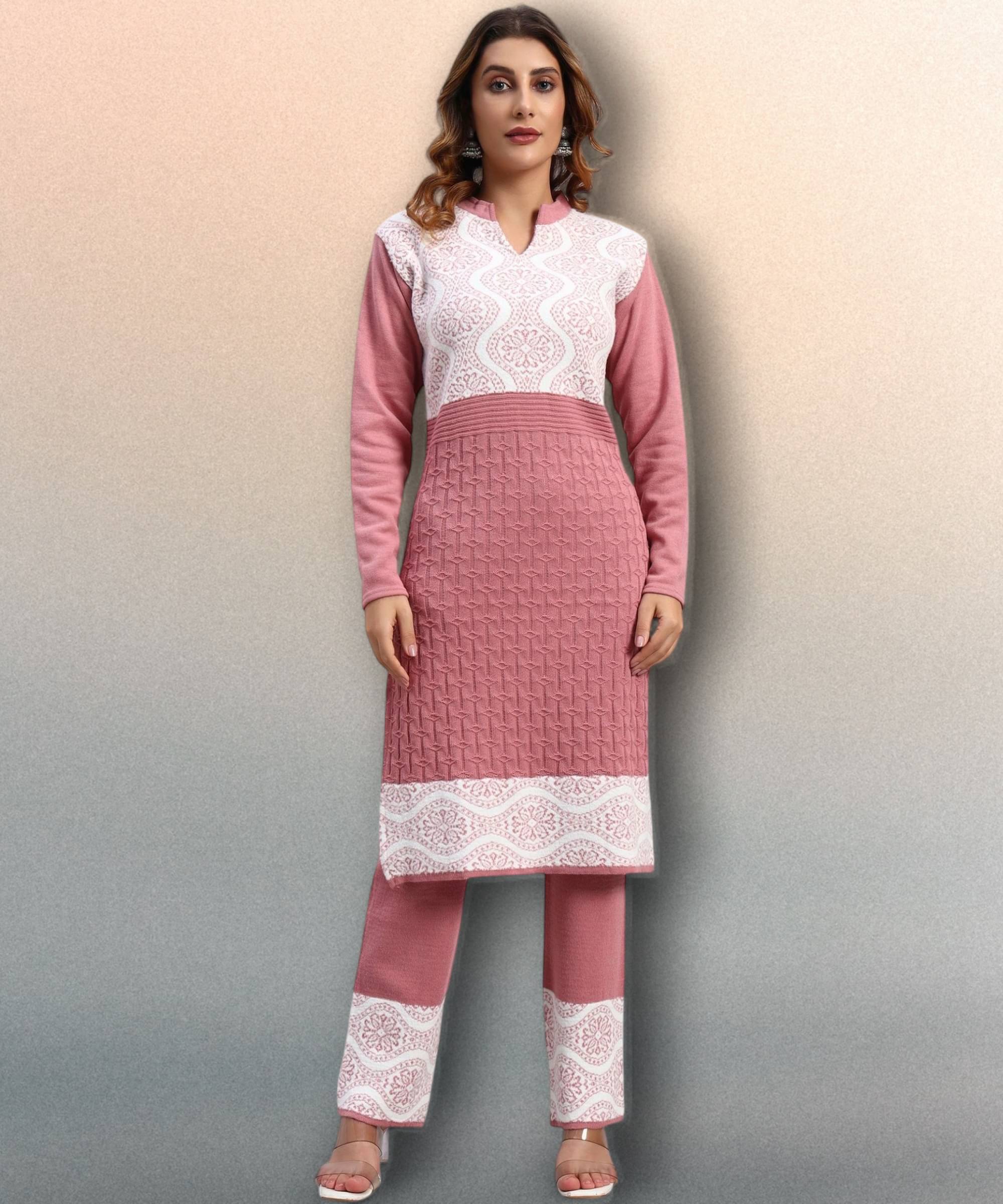 DRESSBASE Women Woollen Self Design Straight Kurti With Palazzo ( Pink )     			DRESSBASE Women Woollen Self Design Straight Kurti With Palazzo ( Pink )