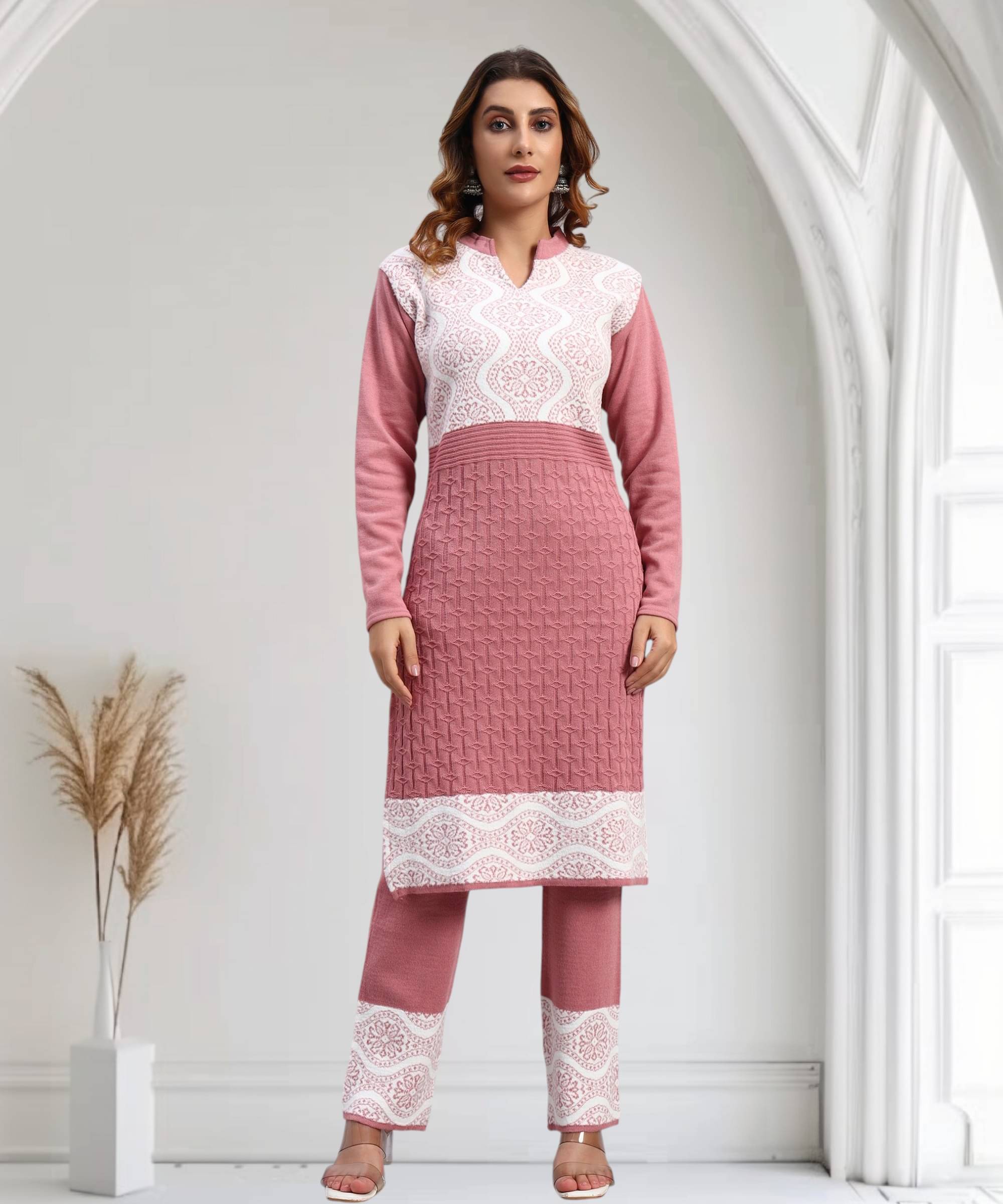 DRESSBASE Women Woollen Self Design Straight Kurti With Palazzo ( Pink )     			DRESSBASE Women Woollen Self Design Straight Kurti With Palazzo ( Pink )